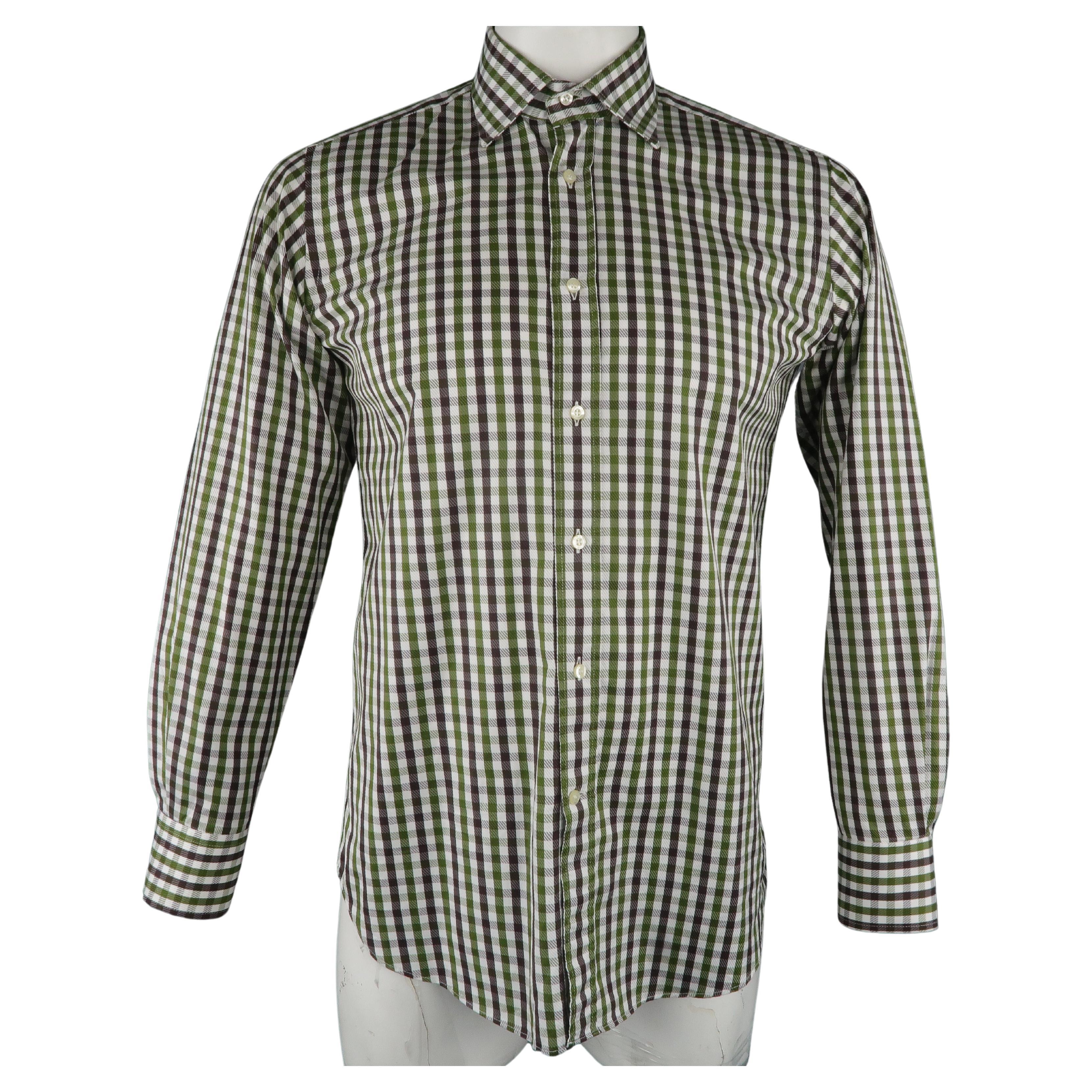 ETRO Size S White & Green Checkered Cotton Button Up Long Sleeve Shirt For Sale