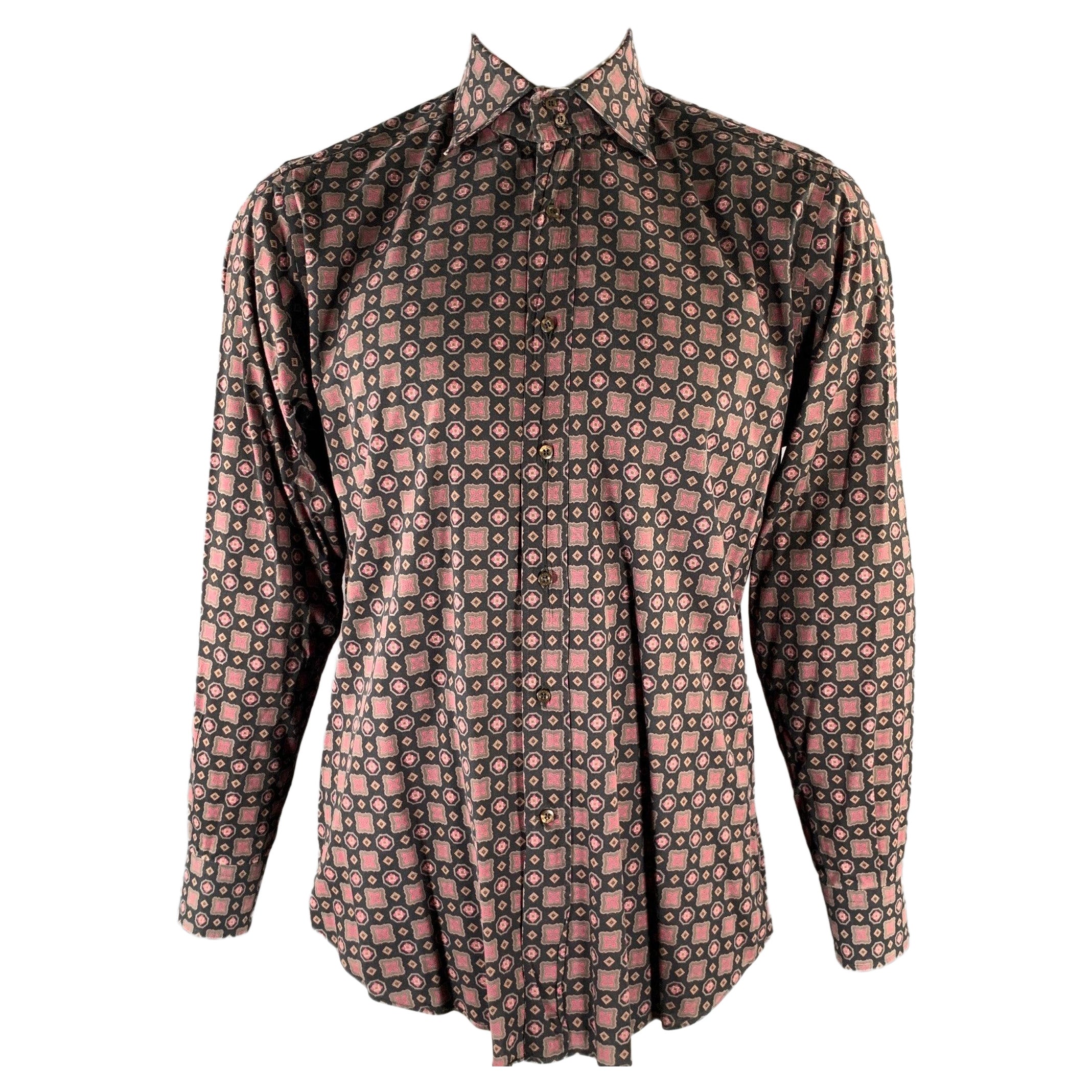 ETRO Größe XL Schwarz Braun Geometrisches Langarmhemd mit spitzem Kragen