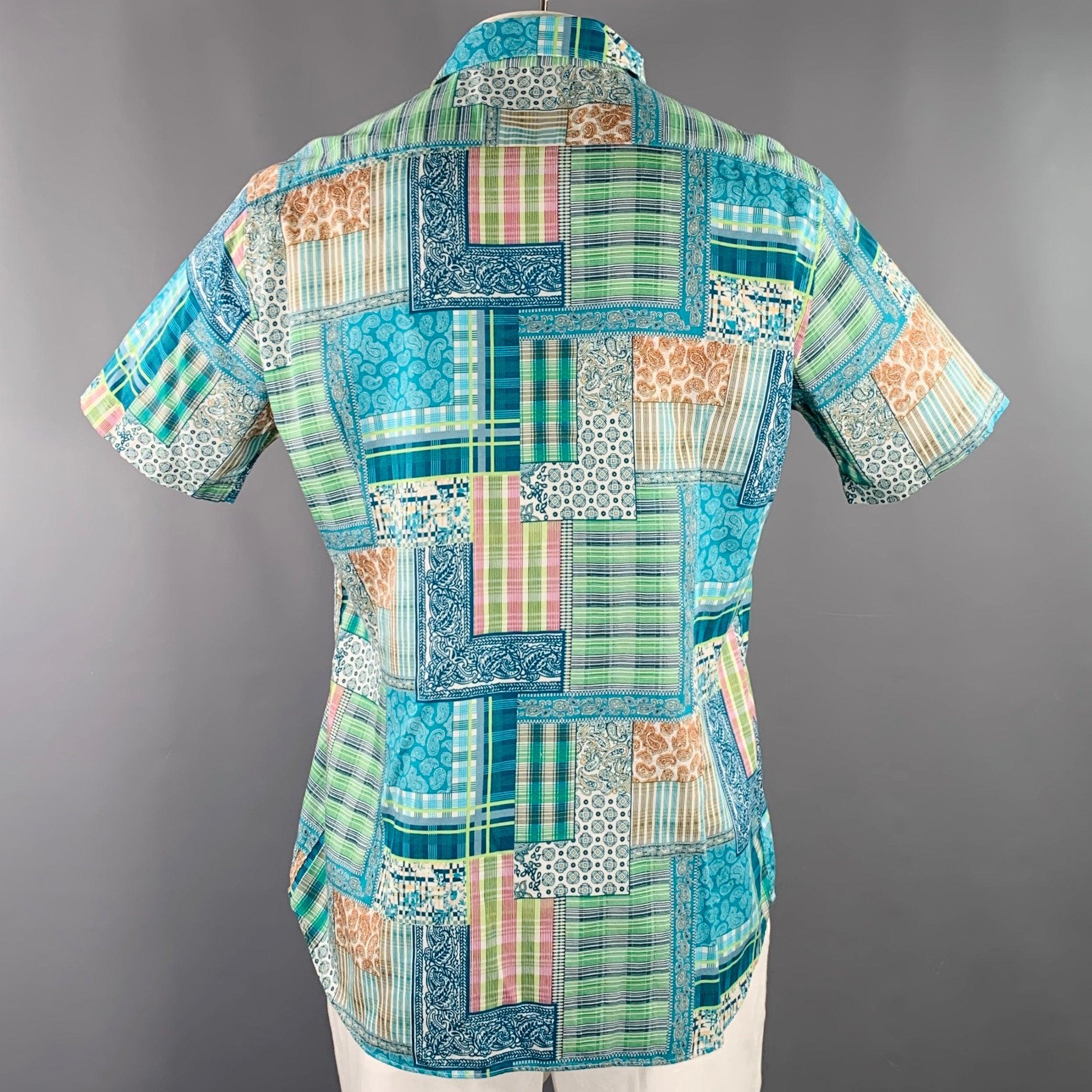 ETRO Size XL Blue Green Patchwork Paisley Cotton One Pocket Short Sleeve Shirt In Excellent Condition For Sale In San Francisco, CA