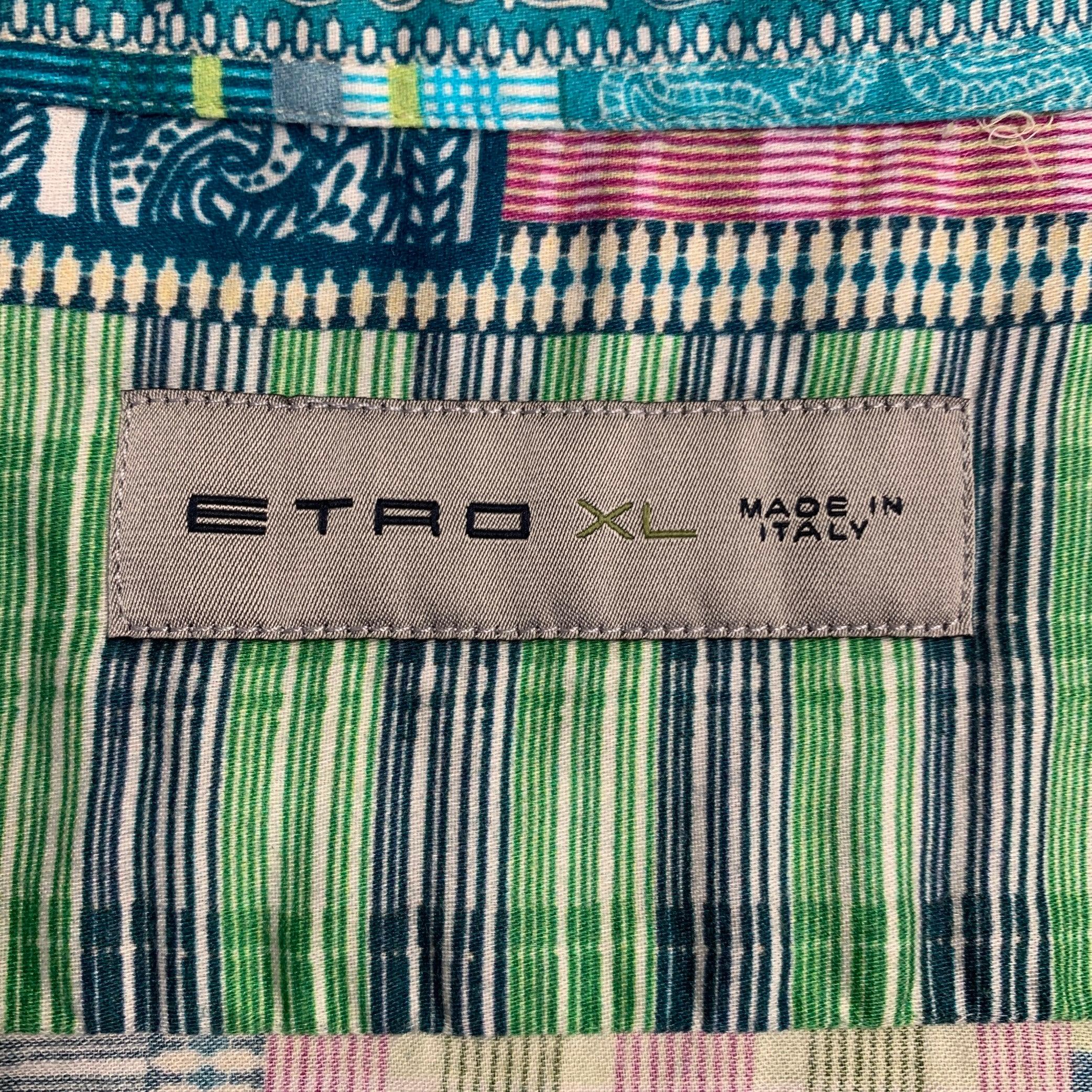 Men's ETRO Size XL Blue Green Patchwork Paisley Cotton One Pocket Short Sleeve Shirt For Sale