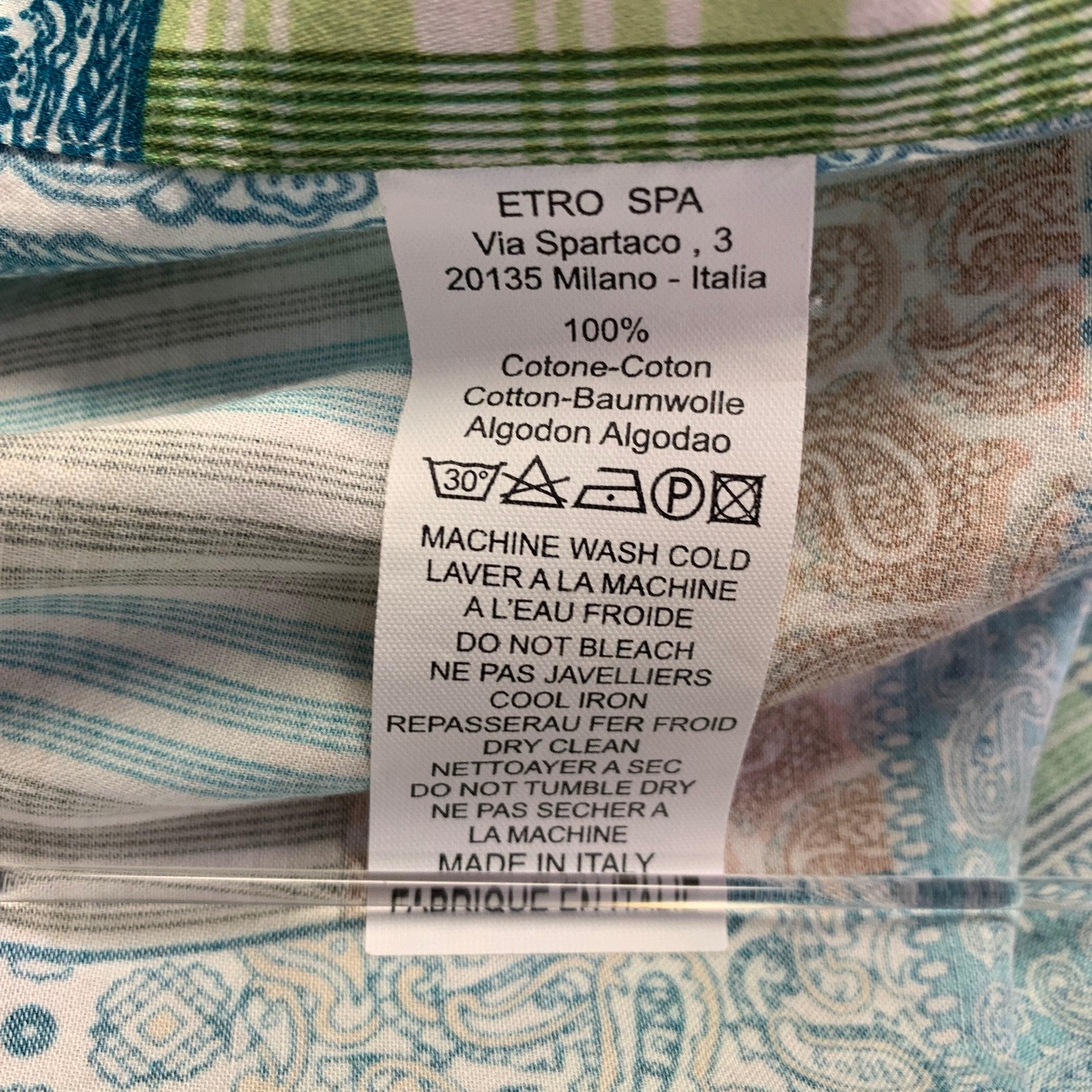 ETRO Size XL Blue Green Patchwork Paisley Cotton One Pocket Short Sleeve Shirt For Sale 1