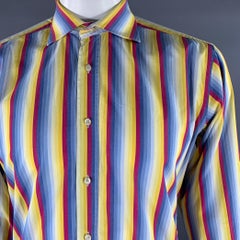 ETRO Talla XL Azul Morado Amarillo Rayas Algodón Cuello Puntiagudo Camisa Manga Larga