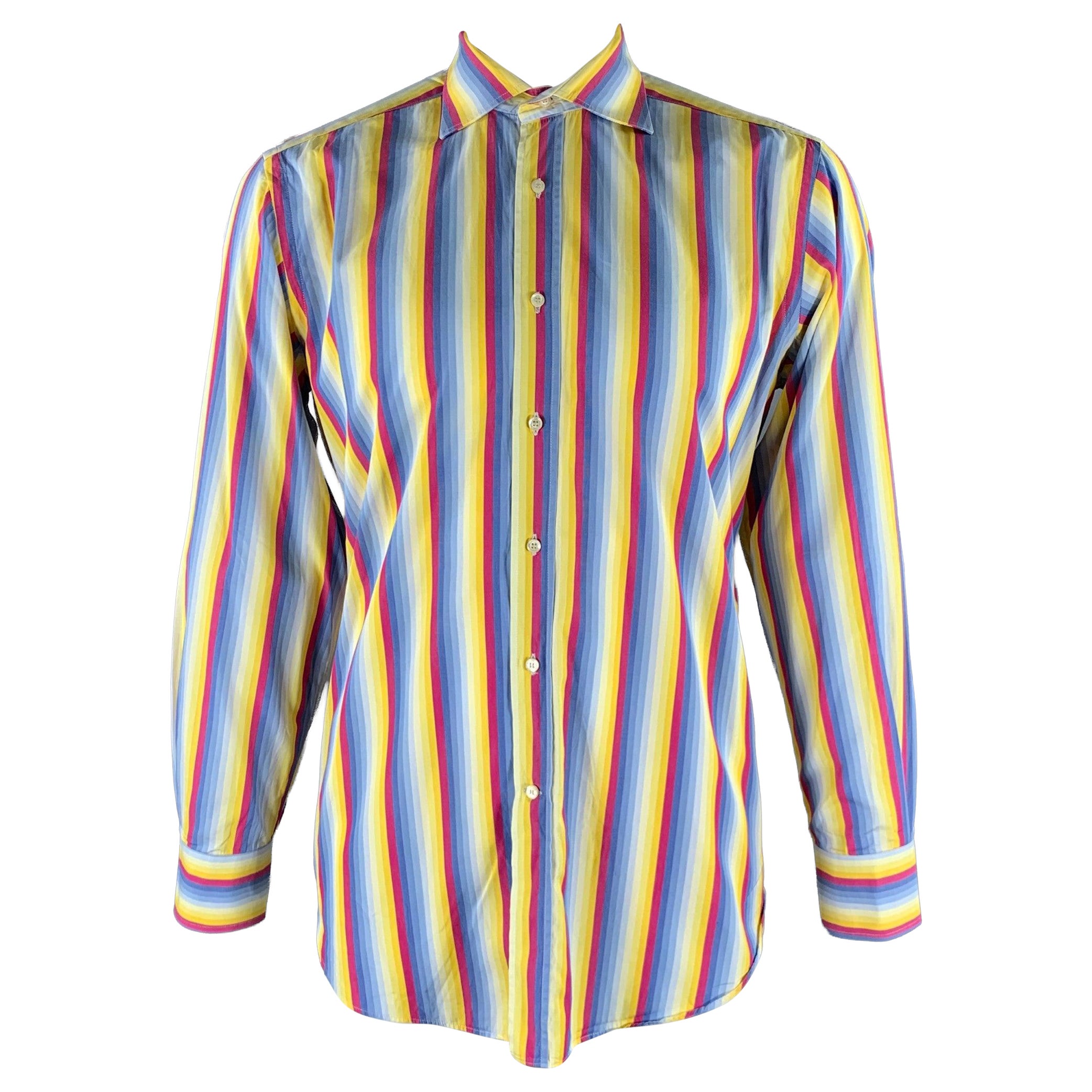 ETRO Size XL Blue Purple Yellow Stripe Cotton Pointed Collar Long Sleeve Shirt