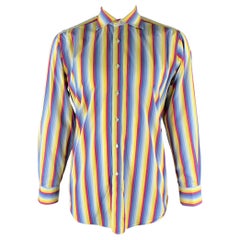 ETRO Talla XL Azul Morado Amarillo Rayas Algodón Cuello Puntiagudo Camisa Manga Larga