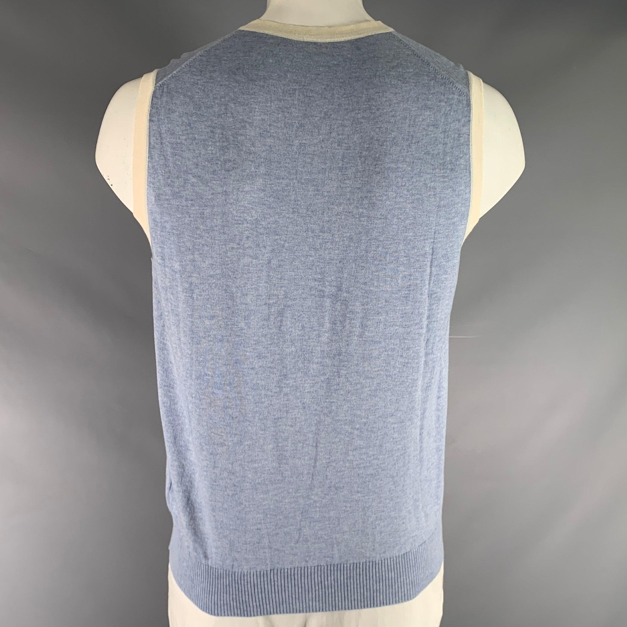 Gray ETRO Size XL Blue White Knitted Cotton Cashmere V-Neck Vest For Sale