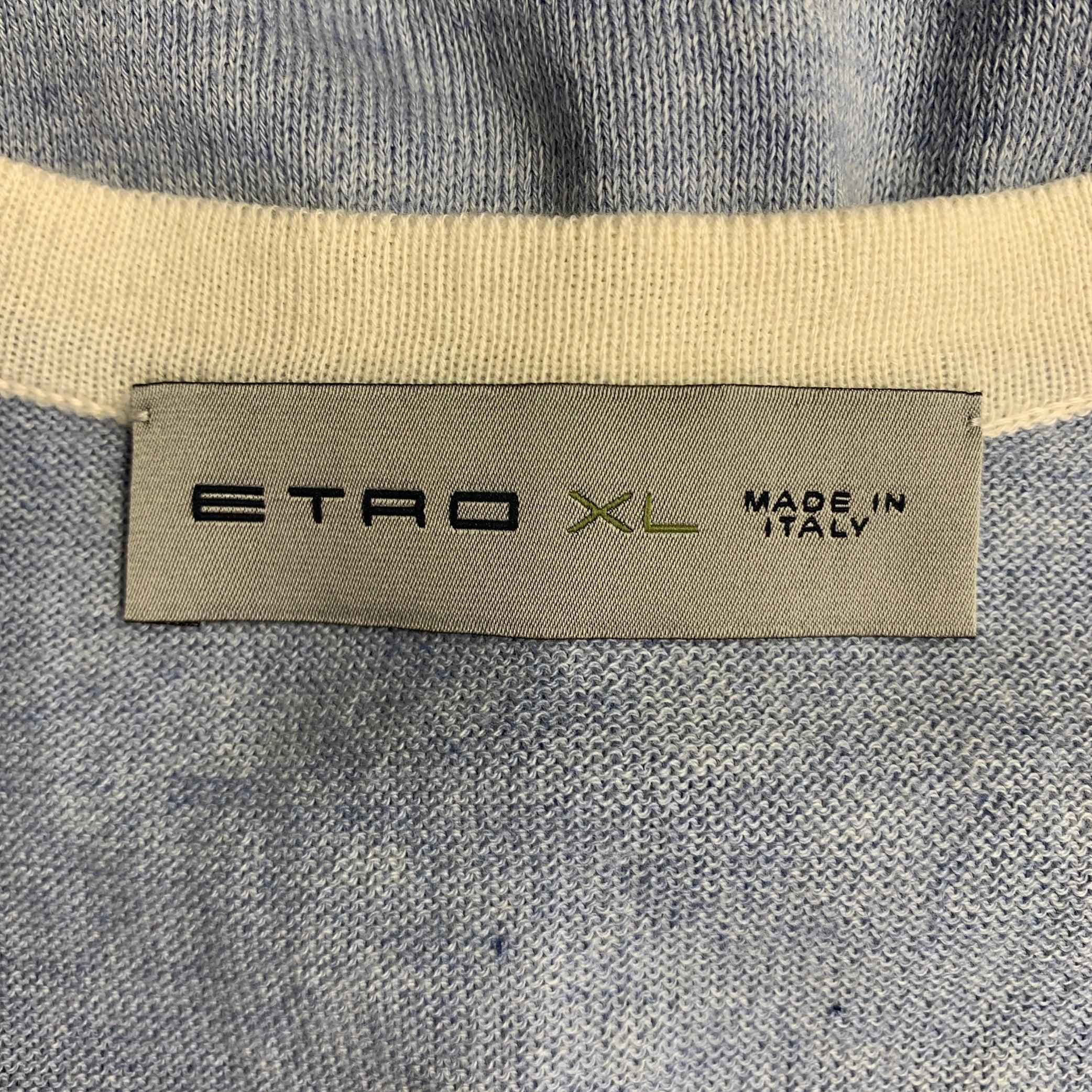 ETRO Size XL Blue White Knitted Cotton Cashmere V-Neck Vest In Good Condition For Sale In San Francisco, CA