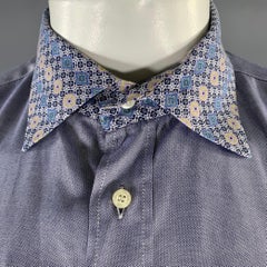 ETRO Size XL Blue Yellow Geometric Pointed Collar Long Sleeve Shirt