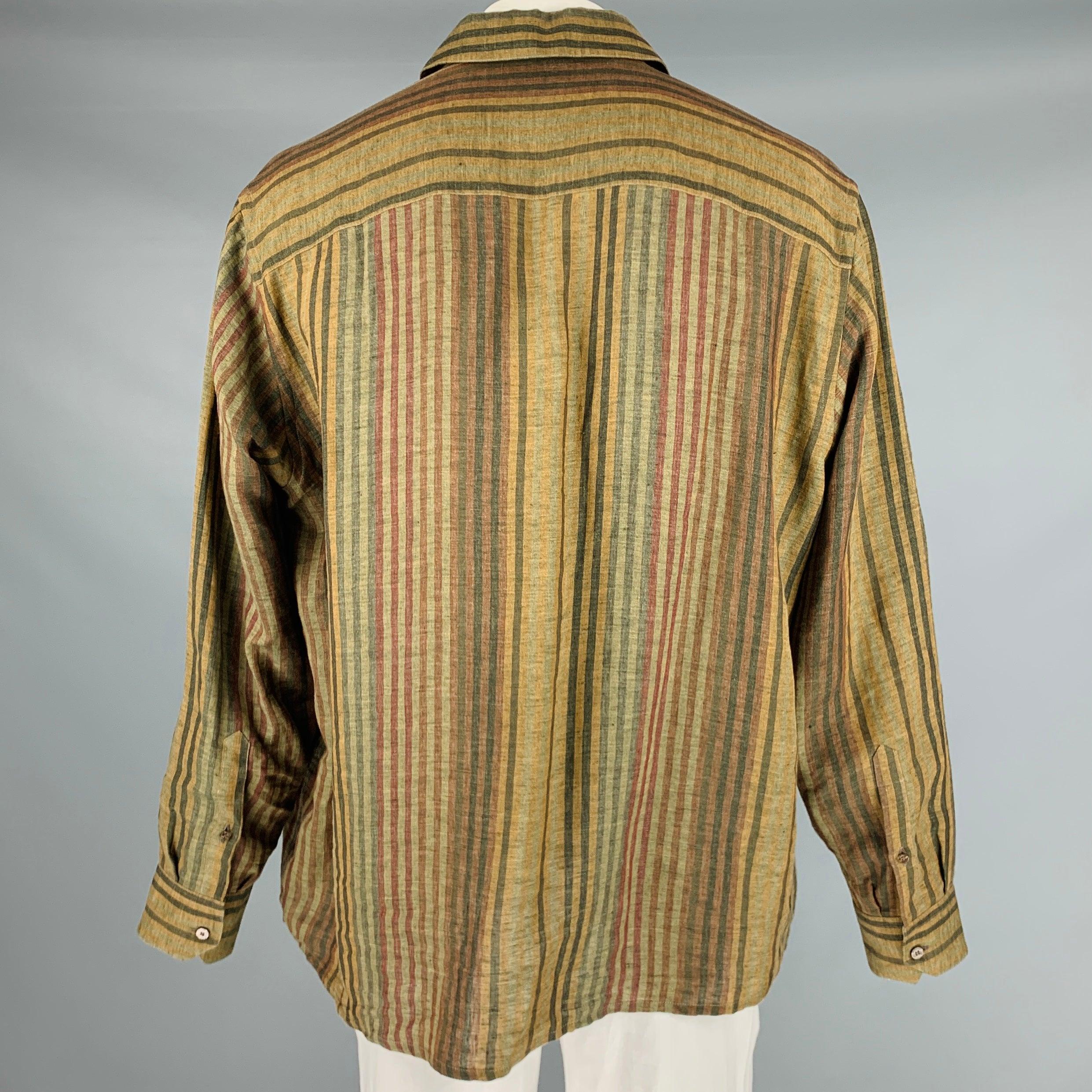 Men's ETRO Size XL Burgundy Green Stripe Linen Oversized Long Sleeve Shirt