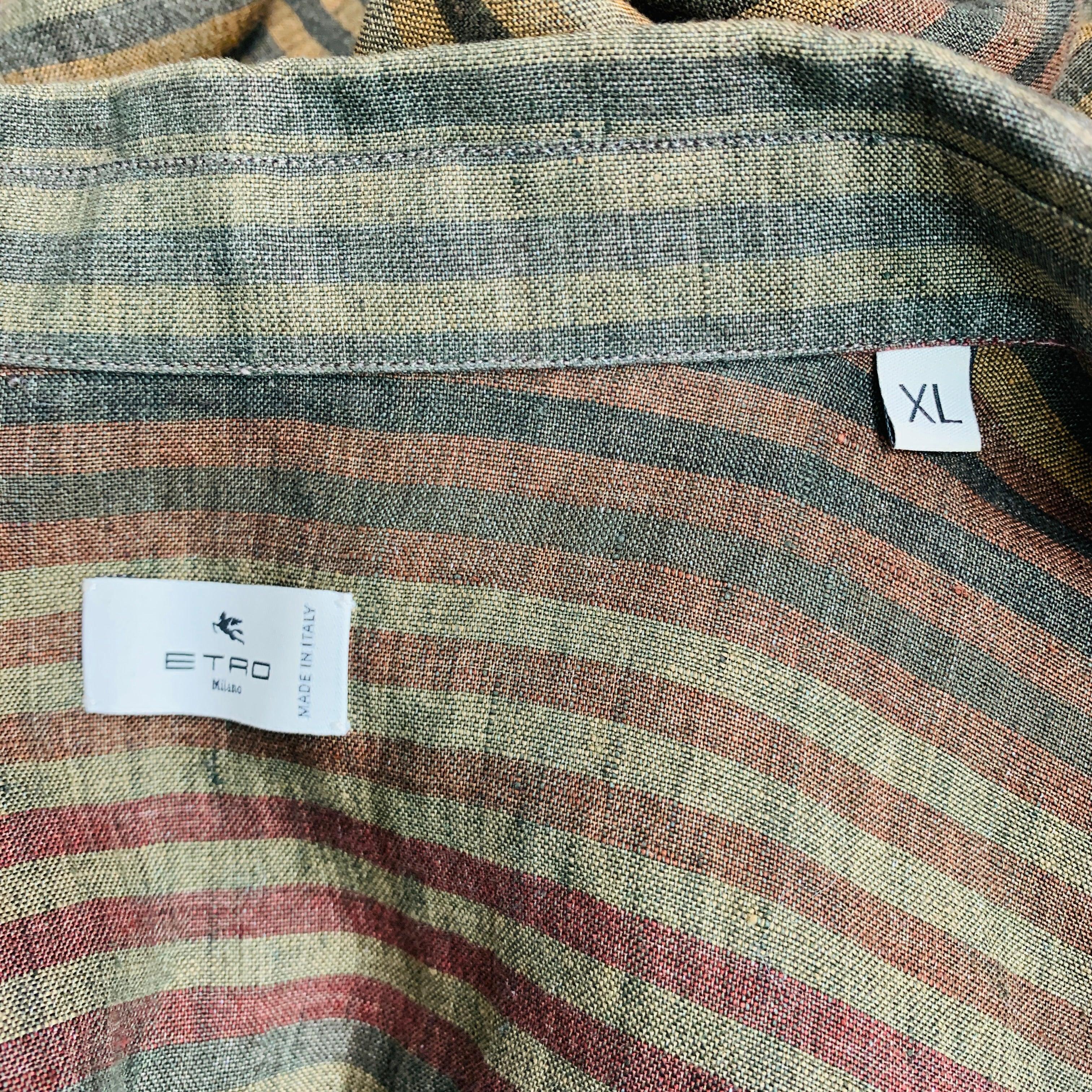 ETRO Size XL Burgundy Green Stripe Linen Oversized Long Sleeve Shirt 2