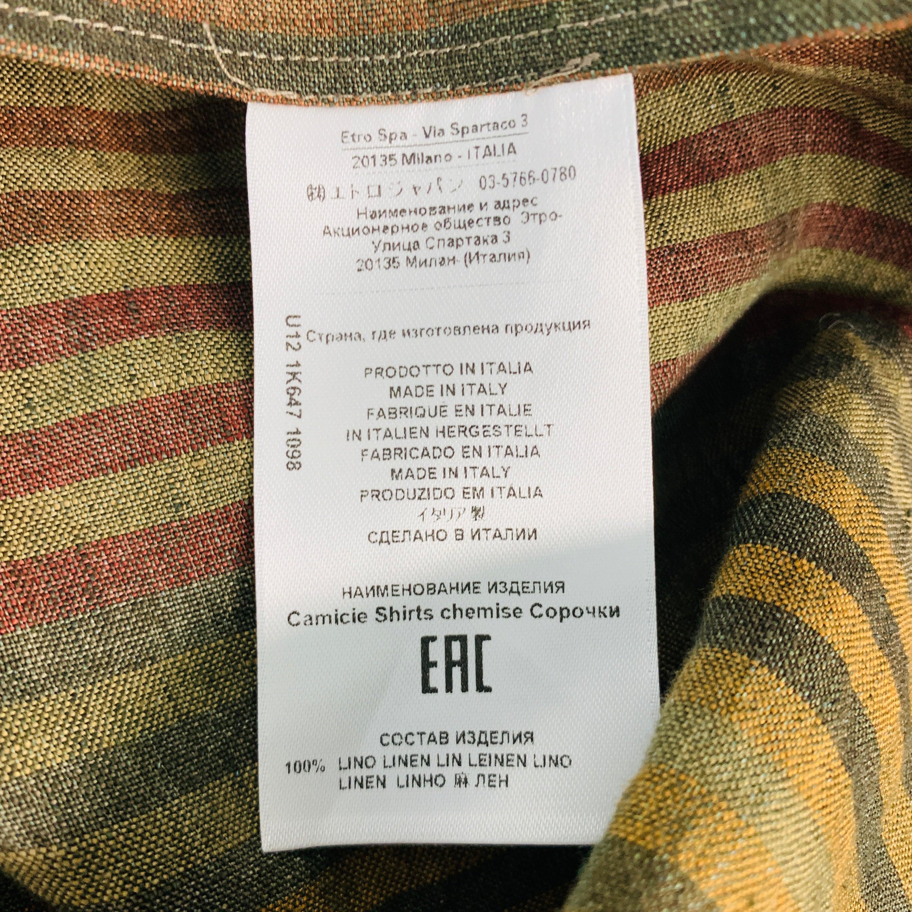 ETRO Size XL Burgundy Green Stripe Linen Oversized Long Sleeve Shirt 3