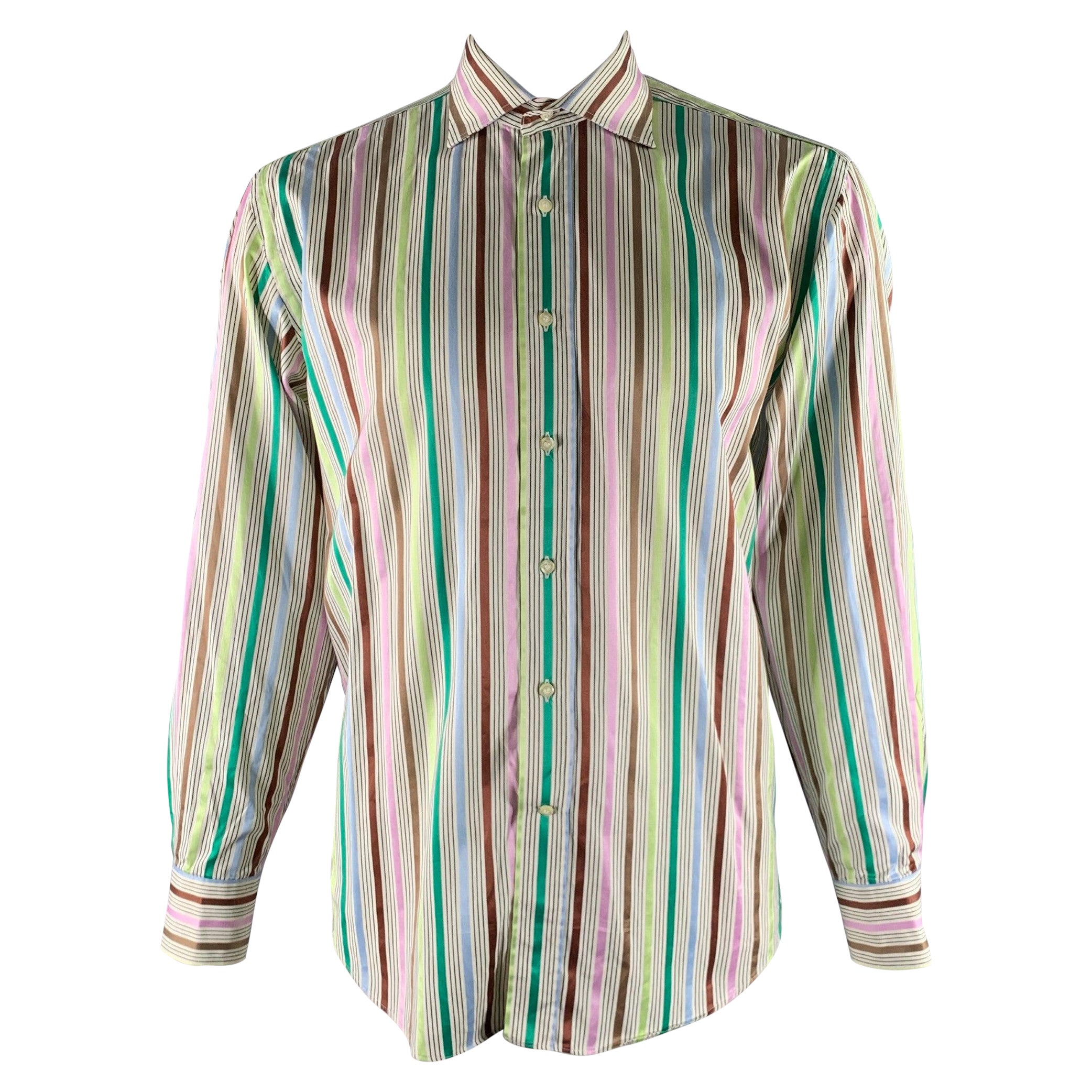 ETRO Size XL Cream Multi-Color Stripe Cotton Long Sleeve Shirt