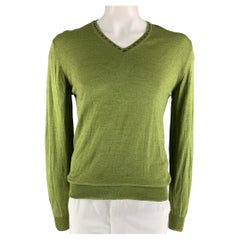 ETRO Size XL Green Contrast Stitch Wool & Silk V-Neck Pullover