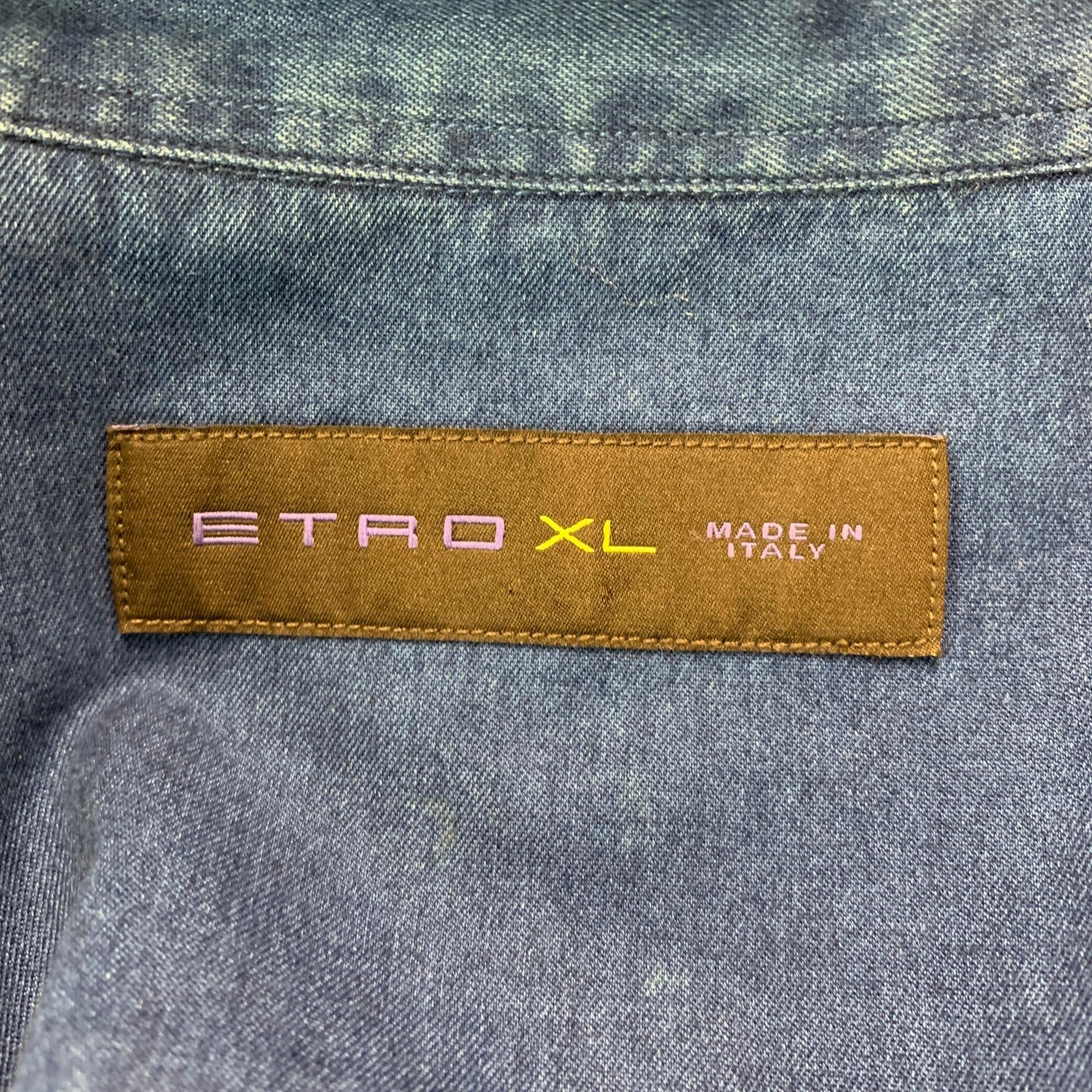 ETRO Size XL Indigo Cotton Snaps Long Sleeve Shirt For Sale 3