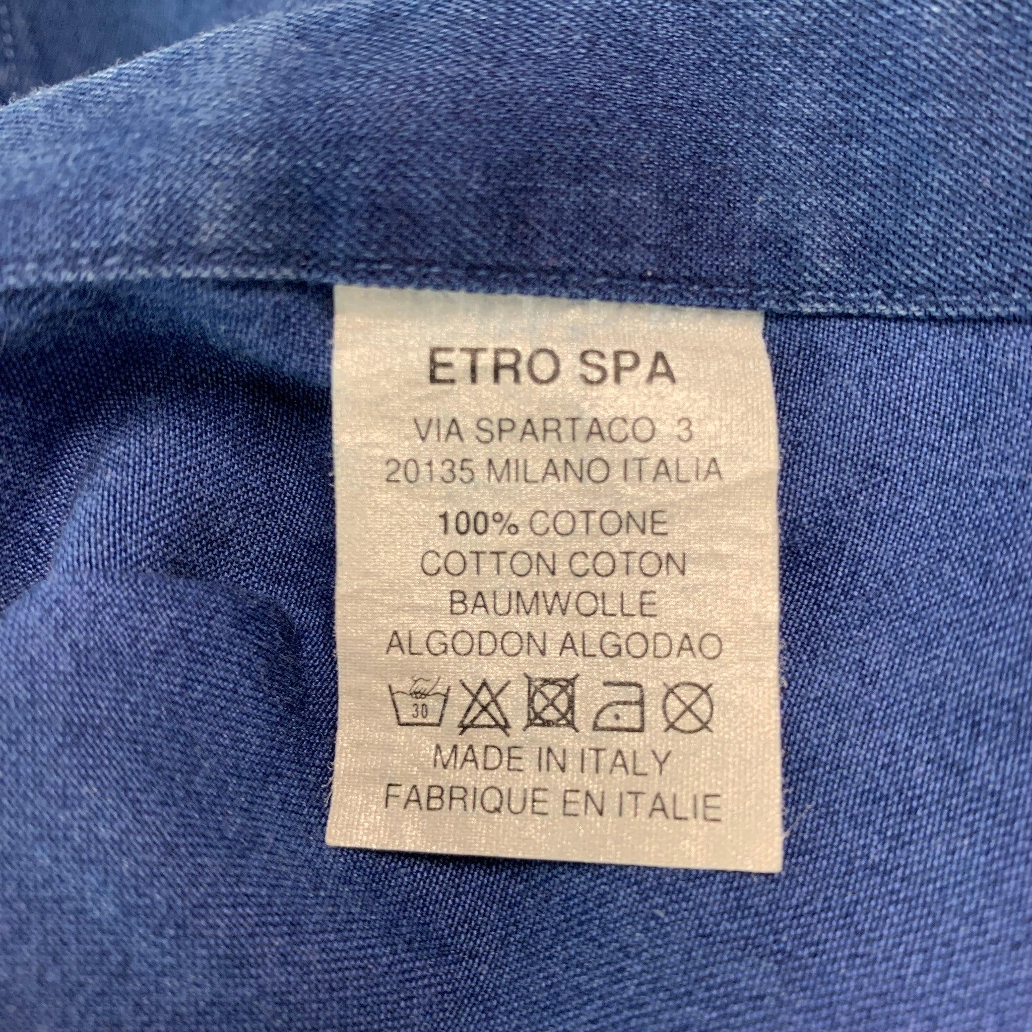 ETRO Size XL Indigo Cotton Snaps Long Sleeve Shirt For Sale 4