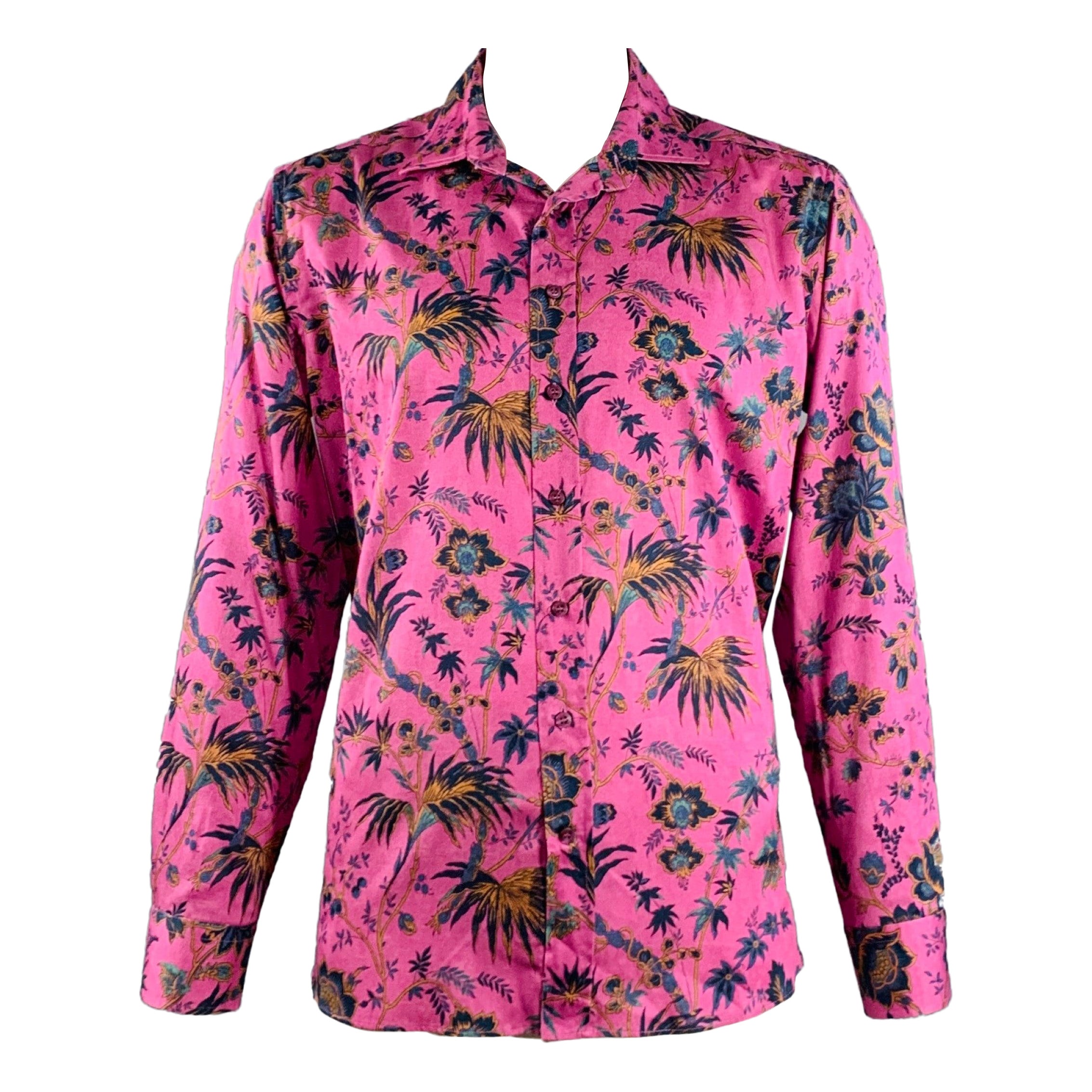 ETRO Size XL Magenta Orange Green Floral Cotton Button Up Long Sleeve Shirt For Sale