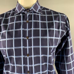 ETRO Größe XL Marineblau Kariert Baumwolle Spreizkragen Langarmhemd