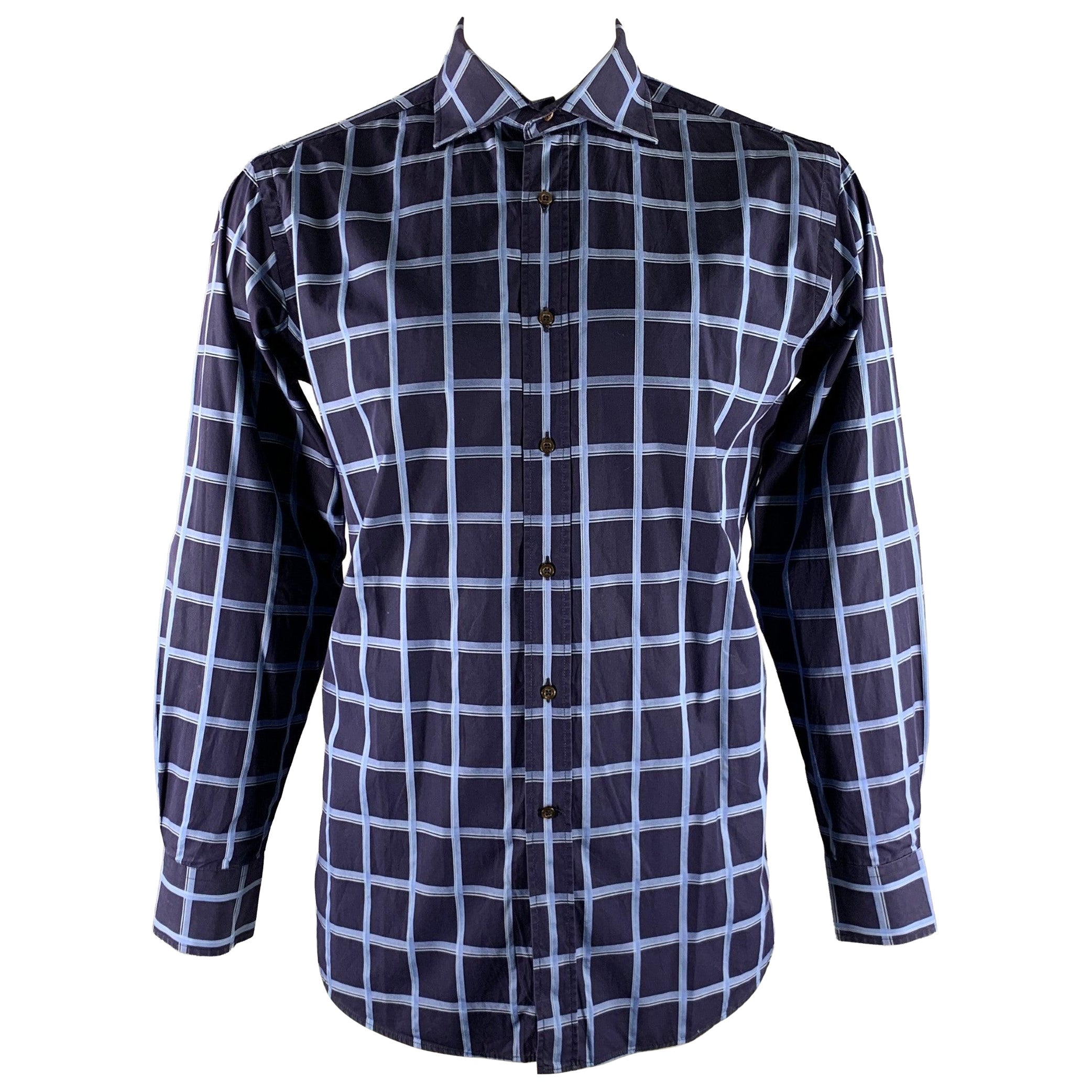 ETRO Size XL Navy Blue Plaid Cotton Spread Collar Long Sleeve Shirt