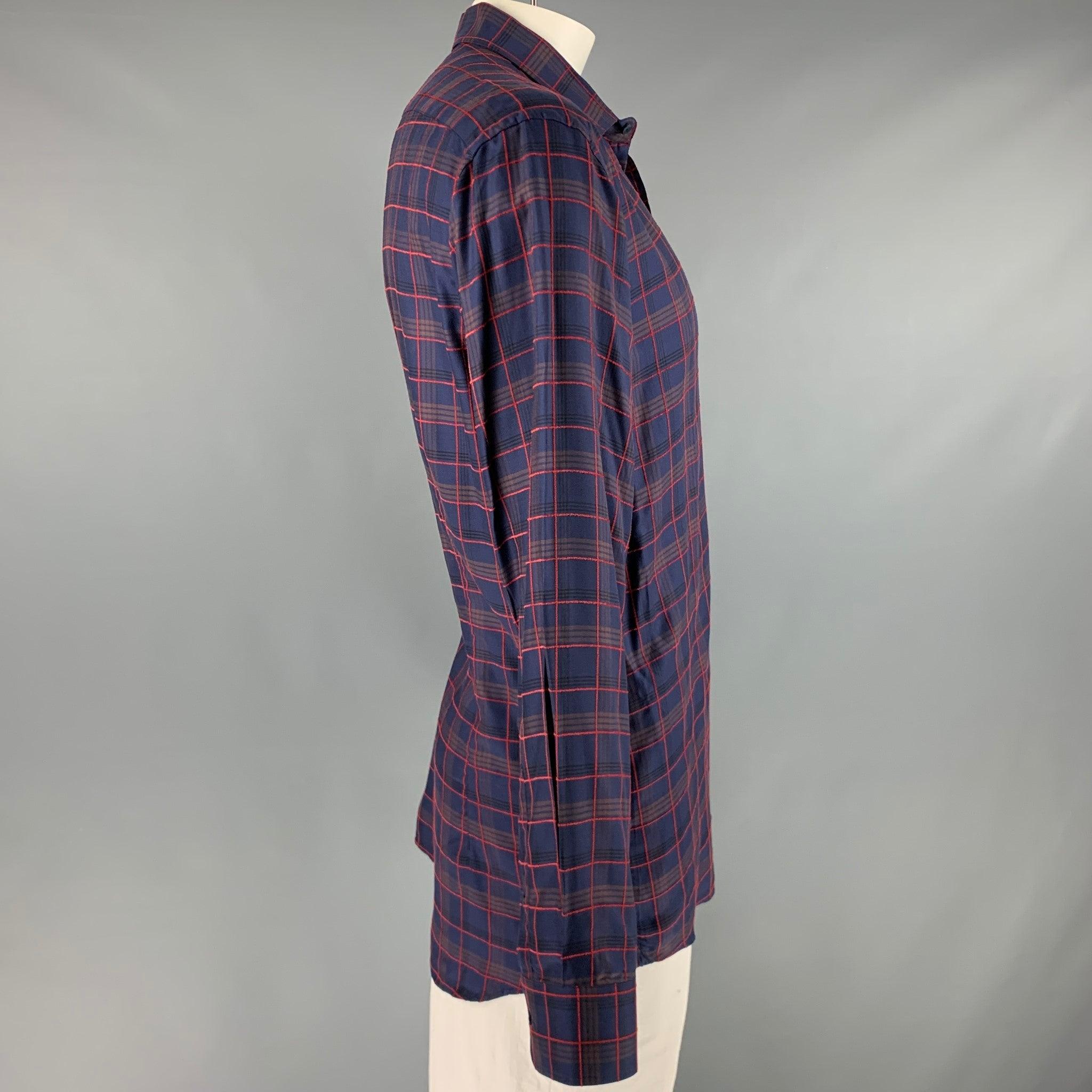 ETRO BEN ETRO ESSERE long sleeve shirt in a navy and red lyocel cotton blend fabric featuring a plaid pattern, spread collar, and button closure. Made in Italy.Excellent Pre-Owned Condition. 

Marked:   44 

Measurements: 
 
Shoulder: 18.5 inches