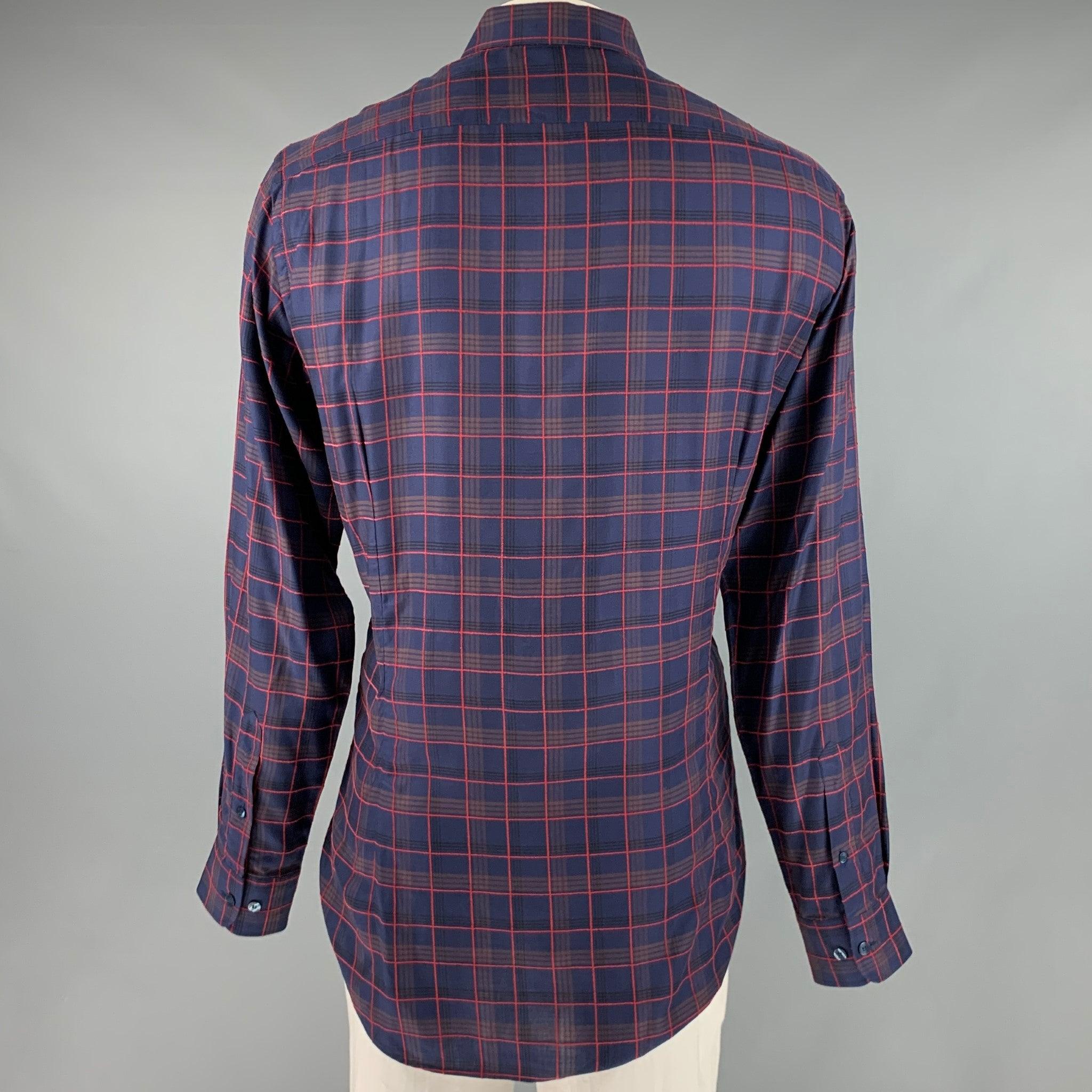 ETRO Size XL Navy Red Plaid Lyocel Cotton Button Up Long Sleeve Shirt In Excellent Condition For Sale In San Francisco, CA