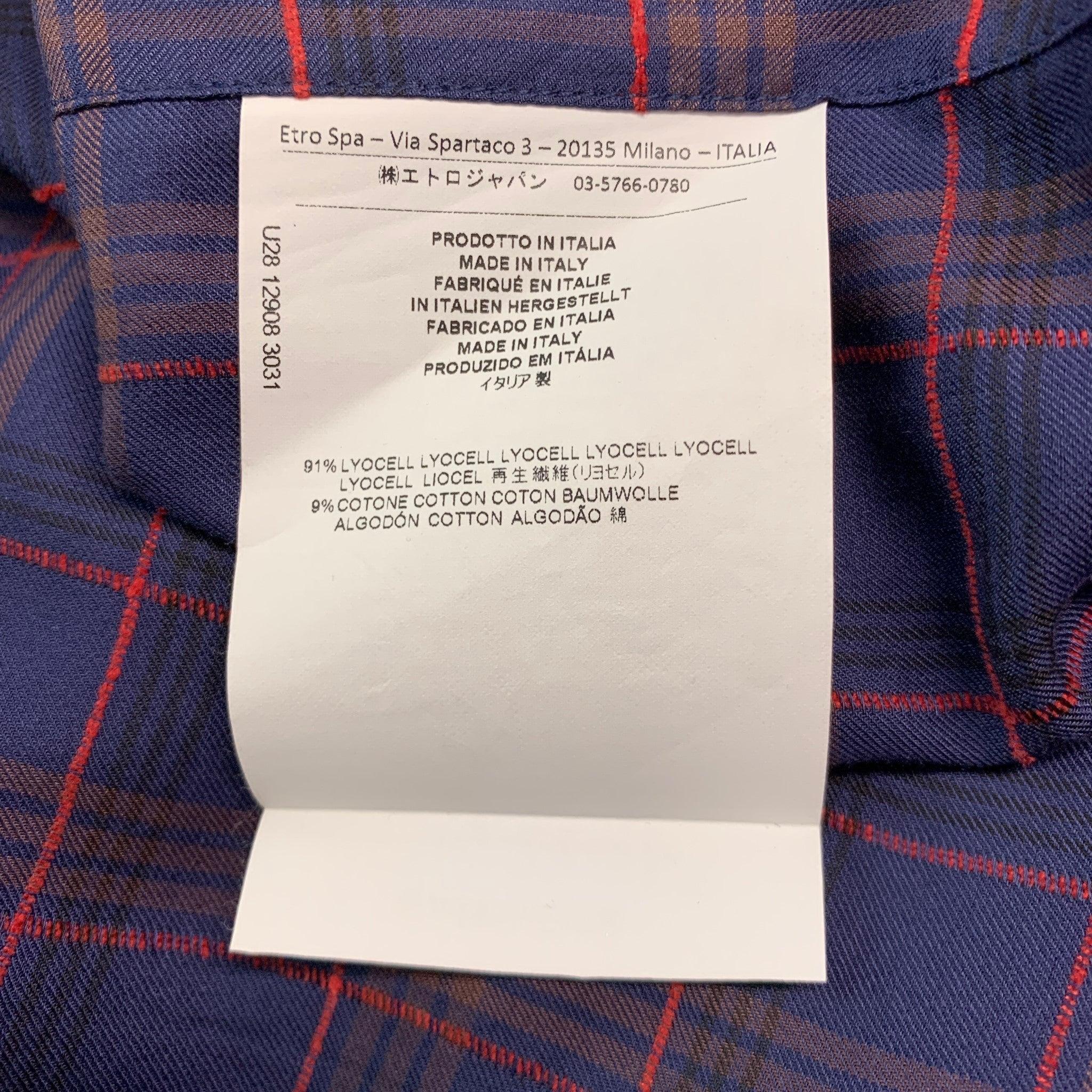 ETRO Size XL Navy Red Plaid Lyocel Cotton Button Up Long Sleeve Shirt For Sale 2