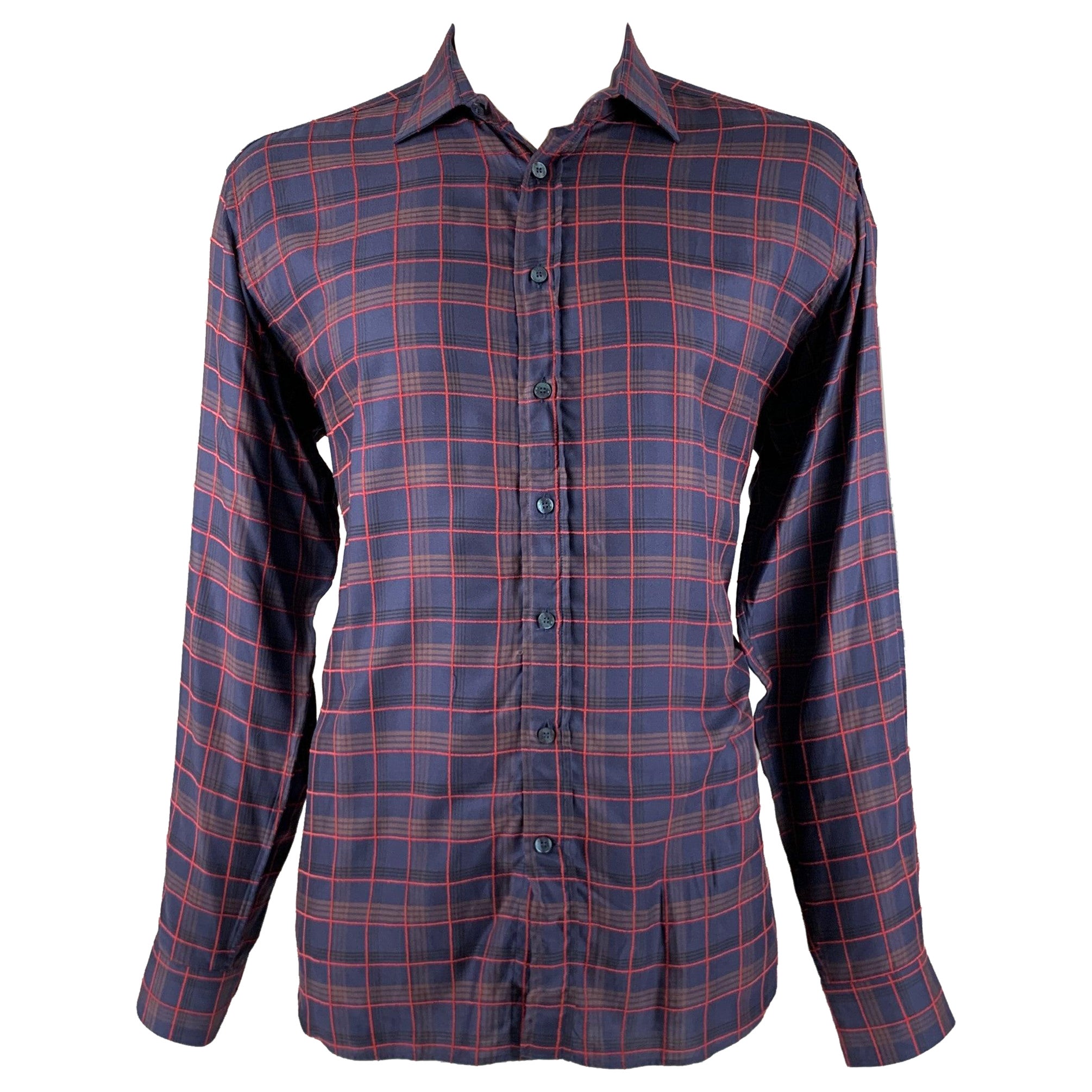 ETRO Taille XL Chemise à manches longues en coton Lyocel à carreaux rouges marines boutonnée