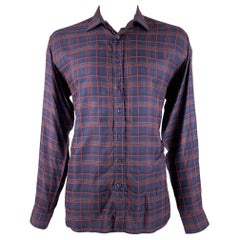 ETRO Taille XL Chemise à manches longues en coton Lyocel à carreaux rouges marines boutonnée