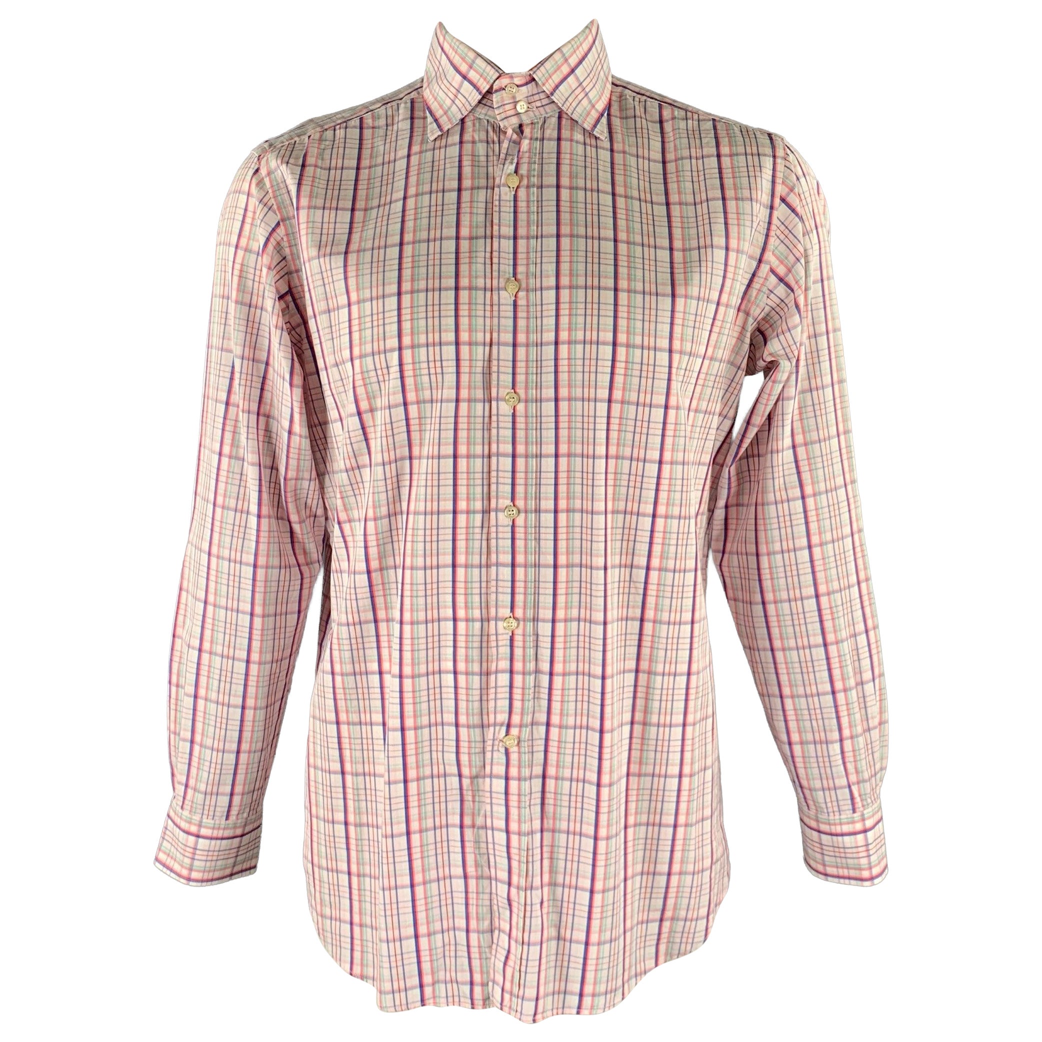 ETRO Talla XL Camisa de Manga Larga de Algodón a Cuadros Rosa Azul Verde
