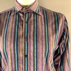 ETRO Size XL Purple Blue Brown Stripe Paisley Long Sleeve Shirt