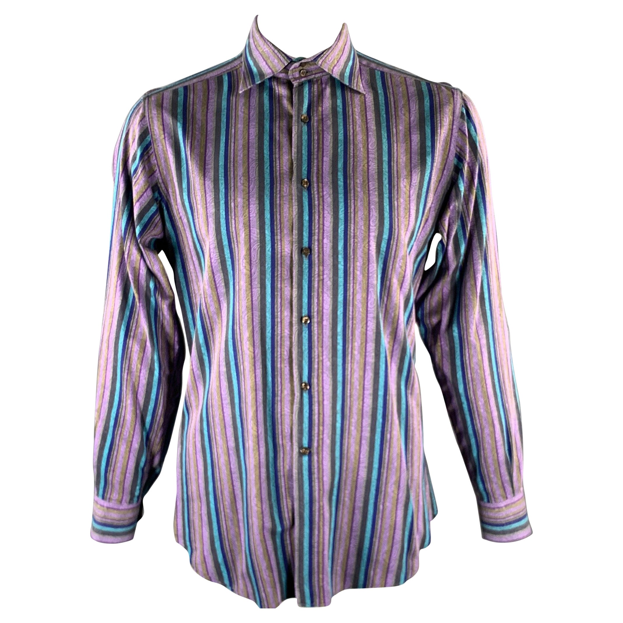 ETRO Talla XL Púrpura Azul Marrón Rayas Paisley Camisa Manga Larga