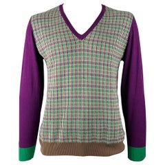 ETRO Talla XL Púrpura Verde Punto Algodón Cachemira Jersey Cuello en V