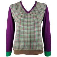 ETRO Talla XL Púrpura Verde Punto Algodón Cachemira Jersey Cuello en V