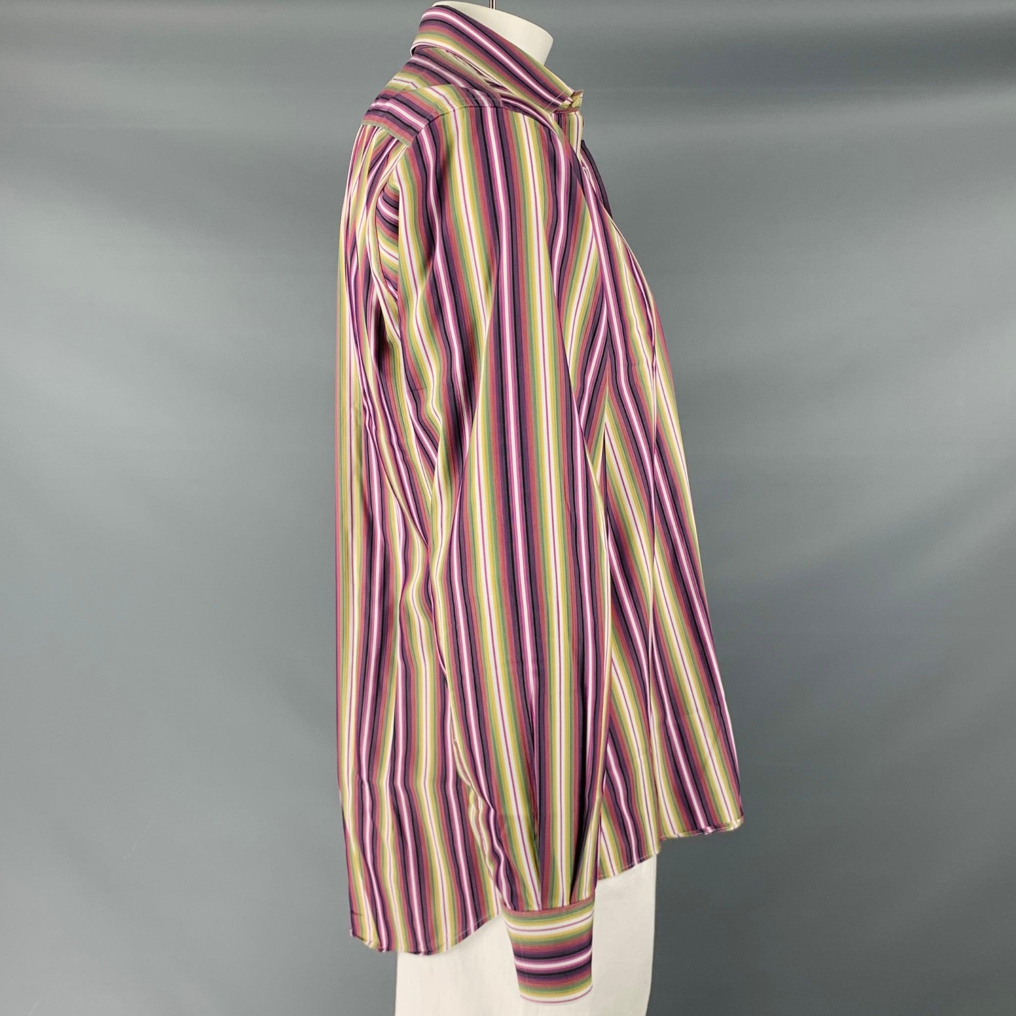 Brown ETRO Size XL Purple Green Stripe Cotton Button Up Long Sleeve Shirt For Sale