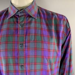 ETRO Size XL Purple Red Green Plaid Pointed Collar Long Sleeve Shirt