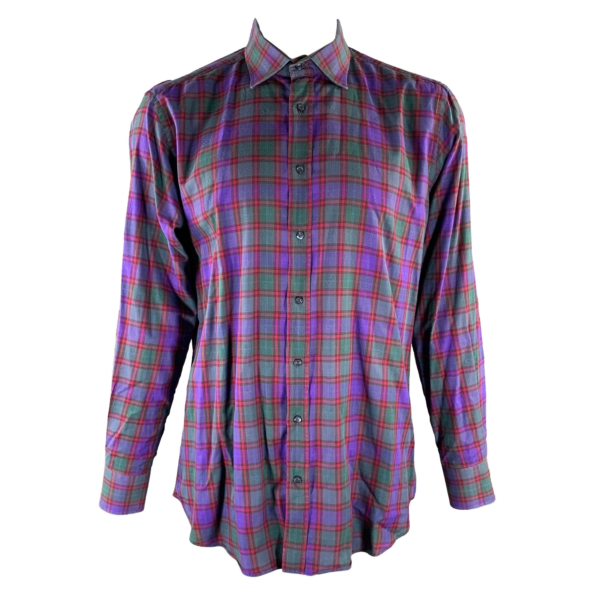 ETRO Talla XL Púrpura Rojo Verde Cuadriculada Cuello Puntiagudo Camisa Manga Larga
