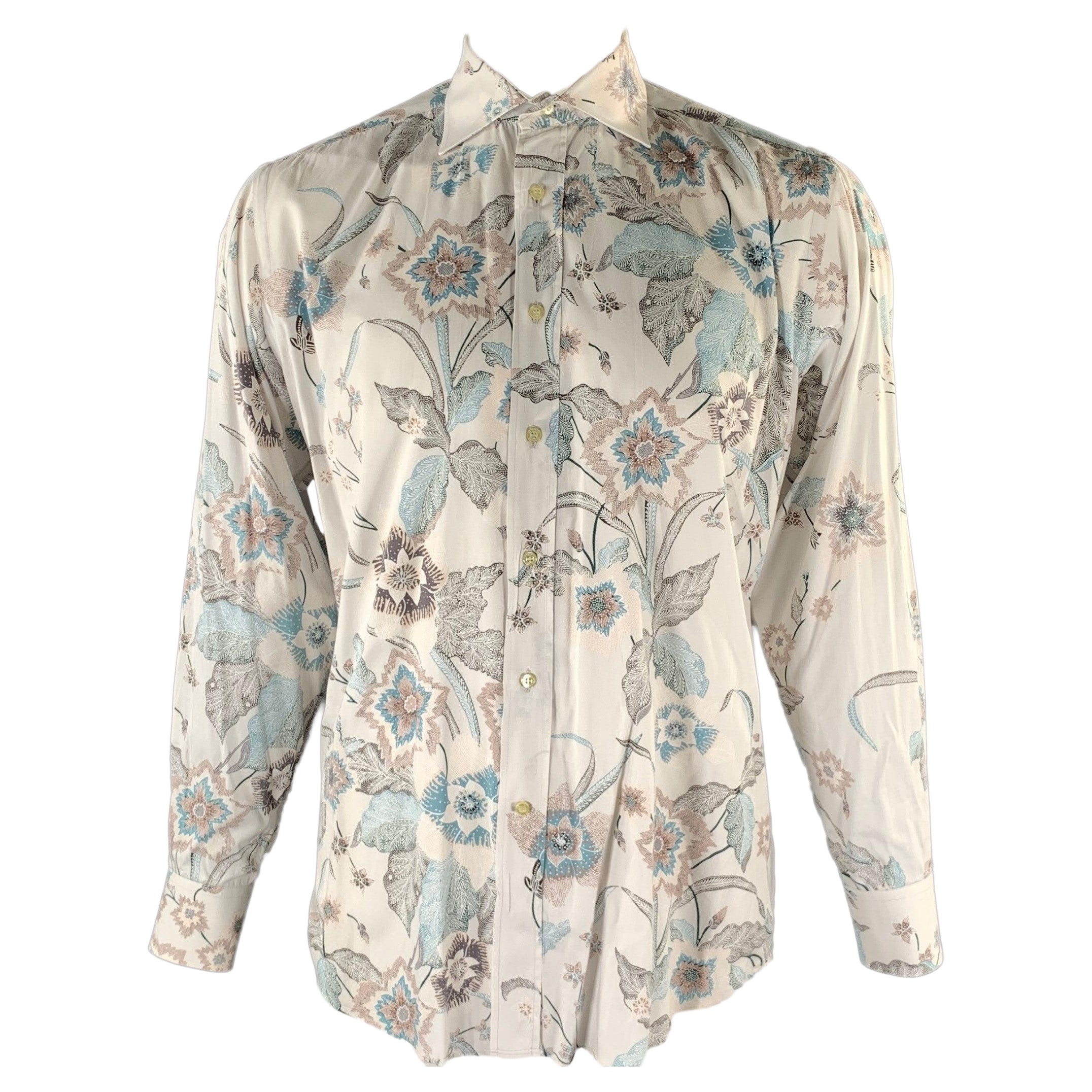 ETRO Größe XL Weiß Blau Braun Floral Langarmhemd