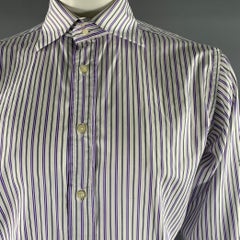 ETRO Size XL White Purple Navy Stripe Cotton Long Sleeve Shirt