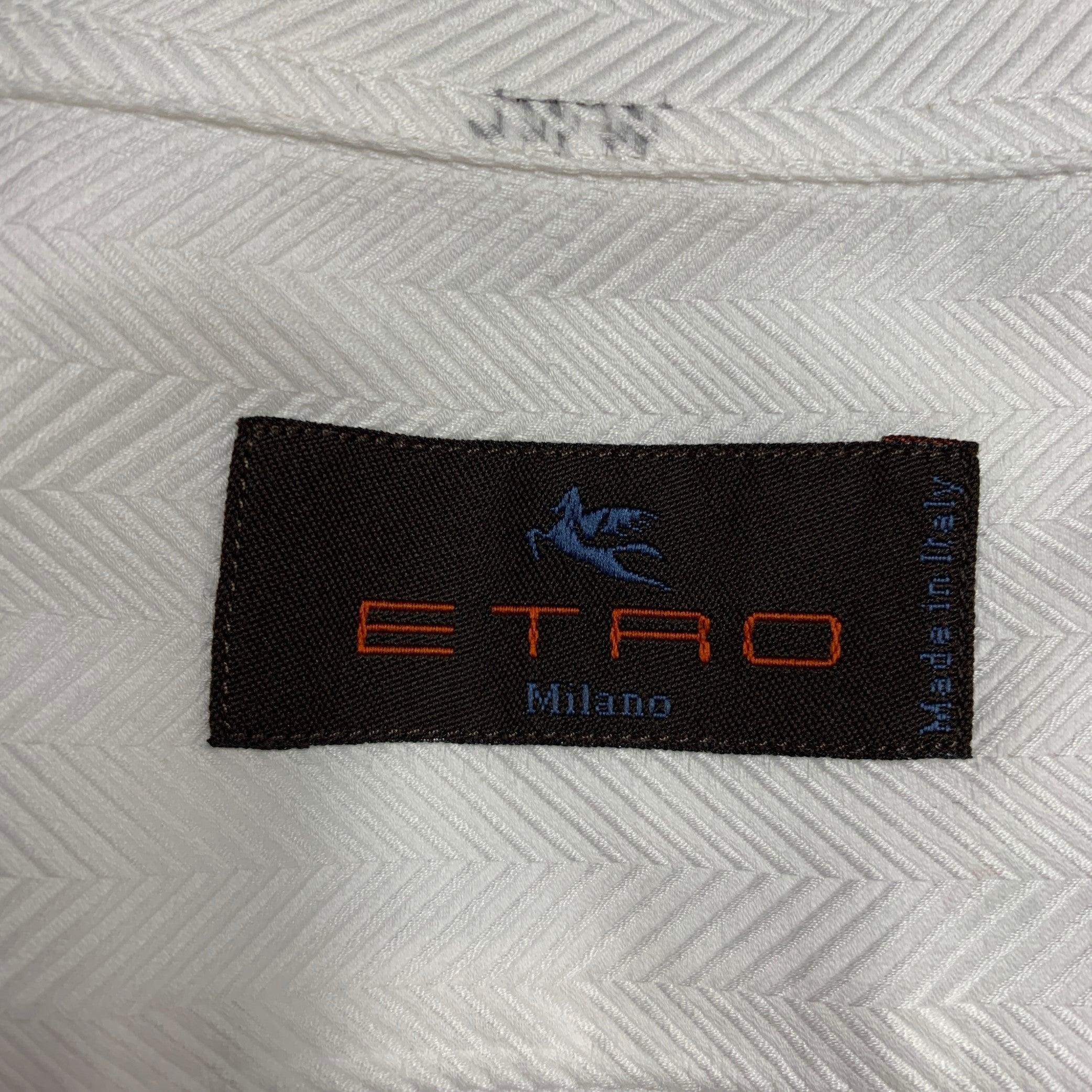 ETRO Size XXL White Herringbone Cotton Tuxedo Long Sleeve Shirt For Sale 1