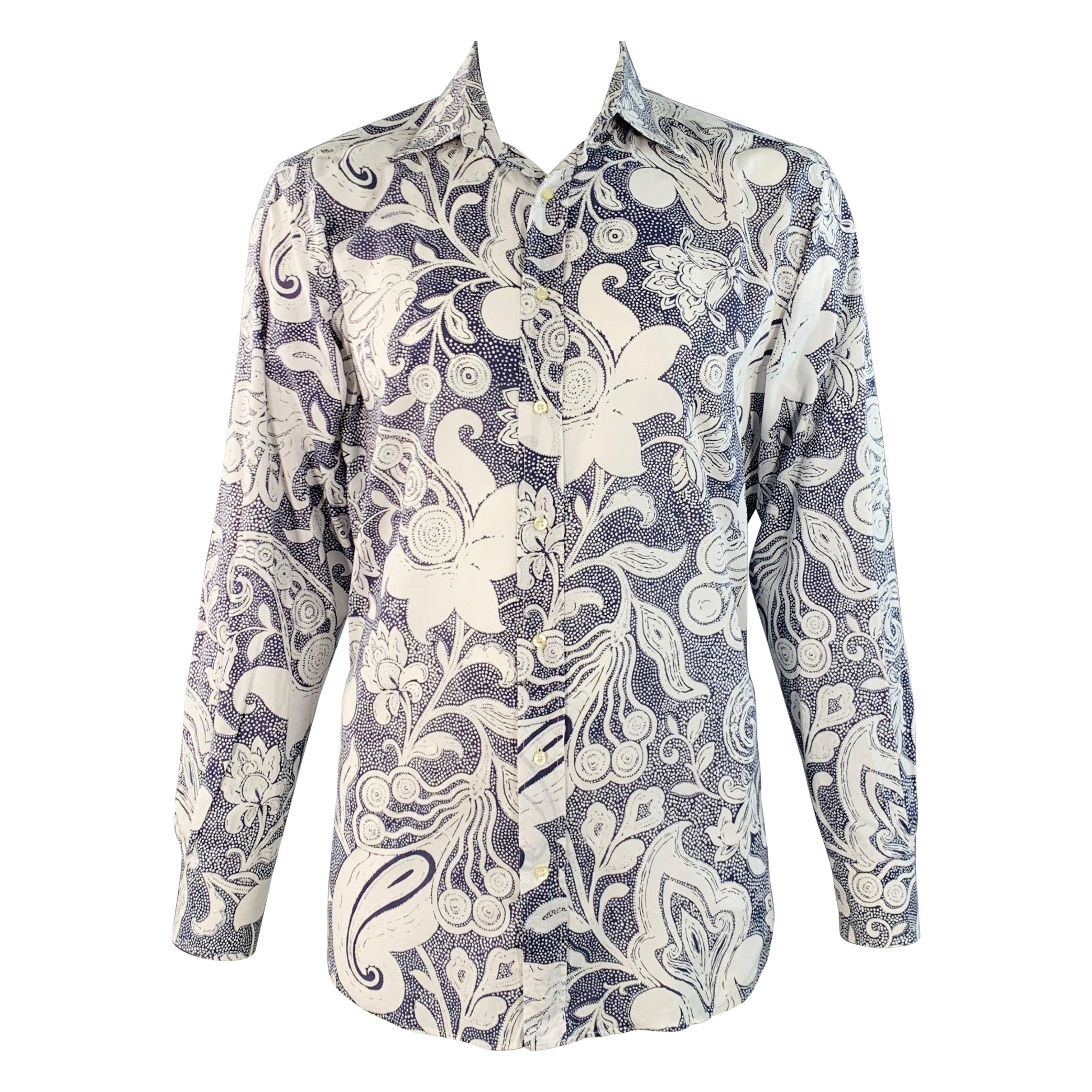 Etro taglia XXL Camicia a maniche lunghe in cotone bianco ardesia floreale astratto in vendita