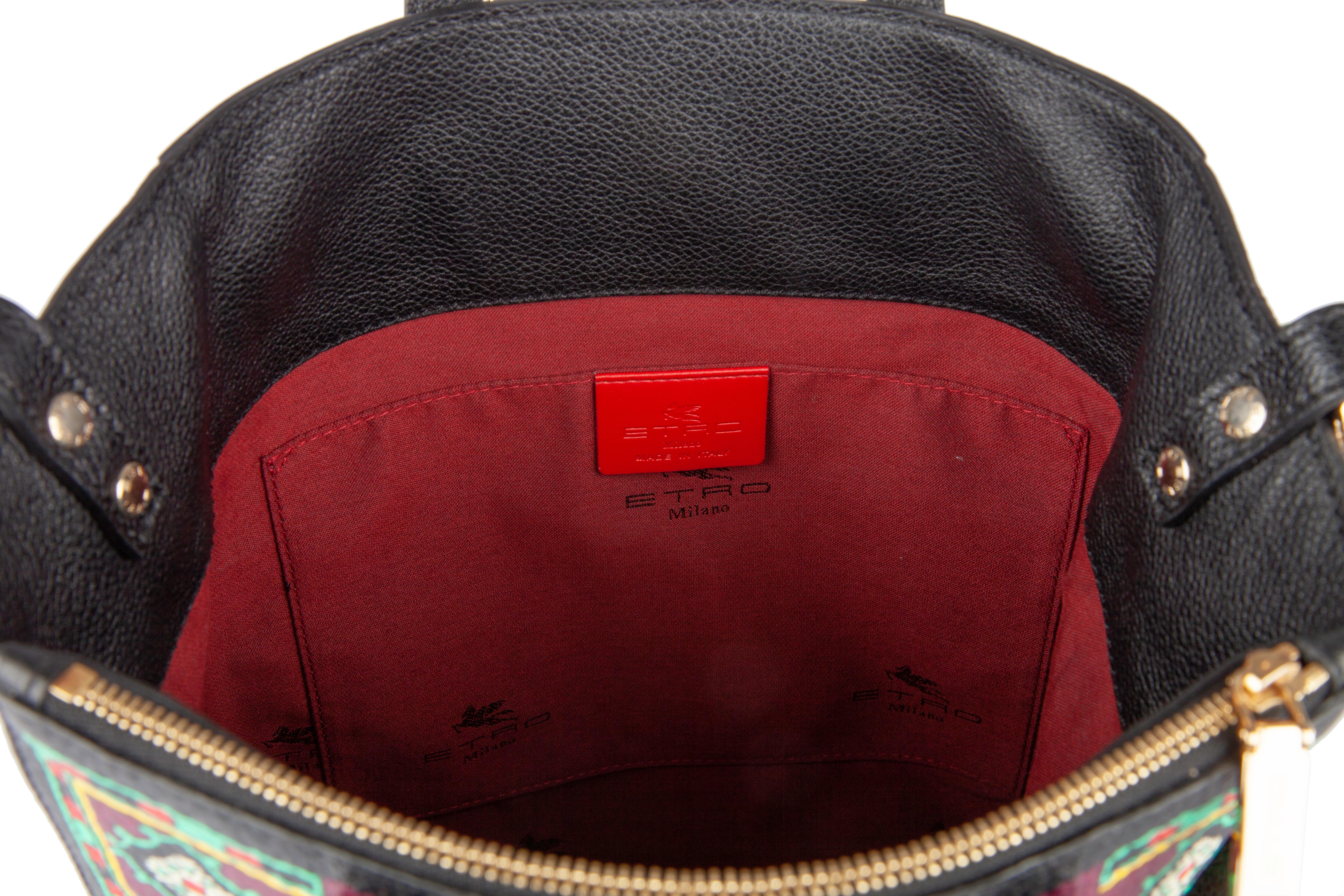 Grigio Shopping Tote piccola in pelle con stampa Southwestern e tracolla ricamata di Etro