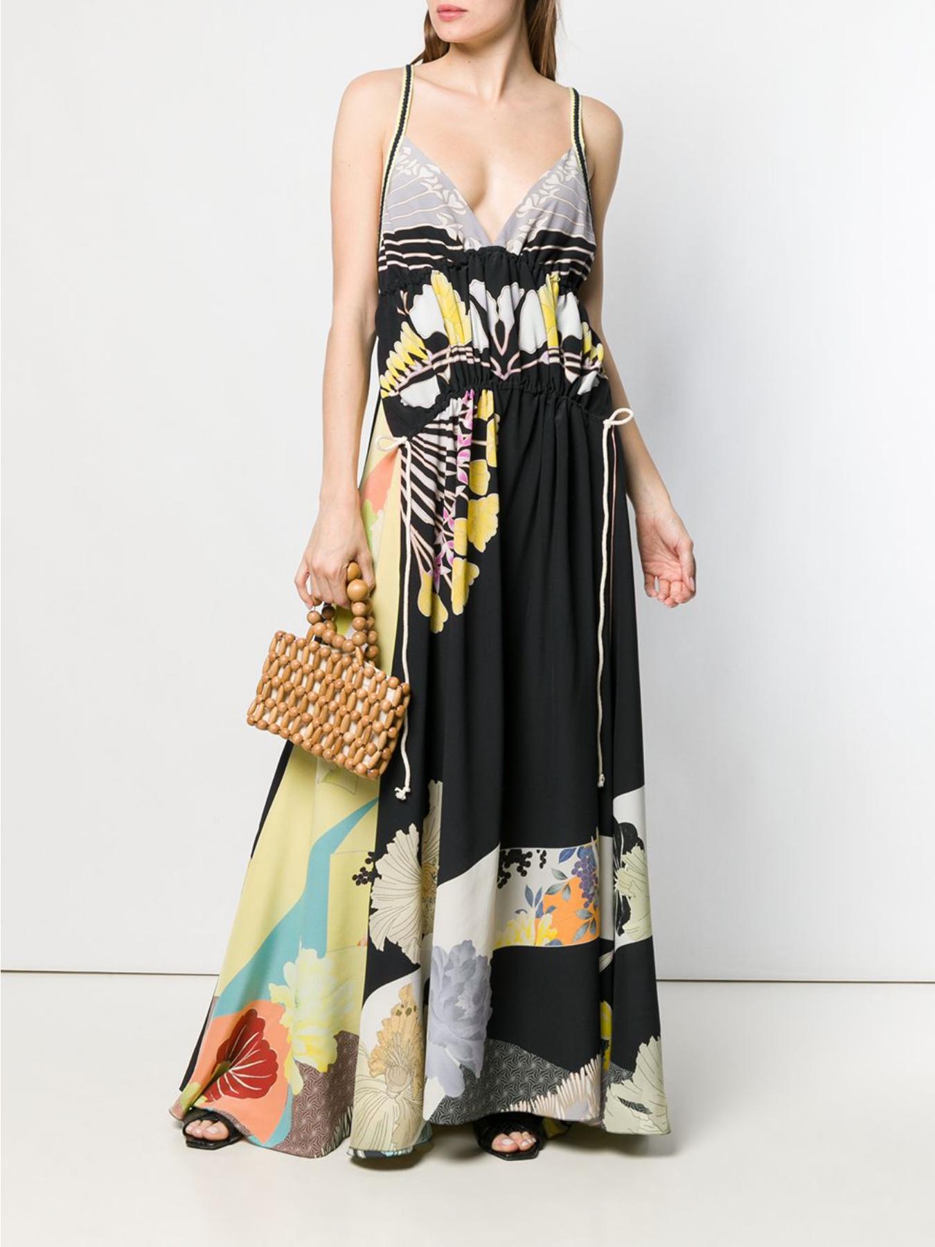 This Etro Spring 2019 runway multicolored silk floral print maxi dress features a sleeveless design, a v-neckline, back crisscross straps, an empire waist, a flared skirt and double drawstring. Brand new with tags. Made in Italy. 

Size: 40