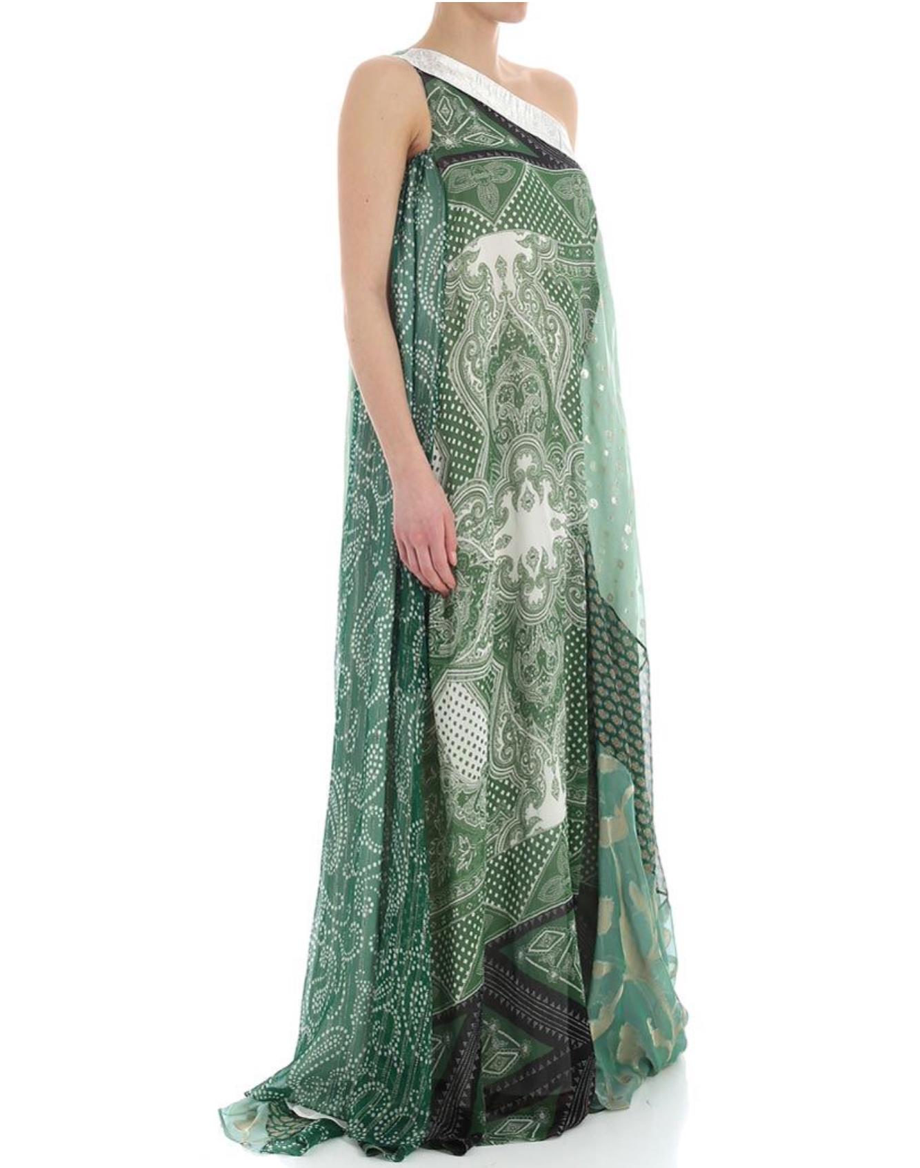Gray Etro SS18 Runway Green Wide Patchwork Paisley One Shoulder Dress / Gown Size 40