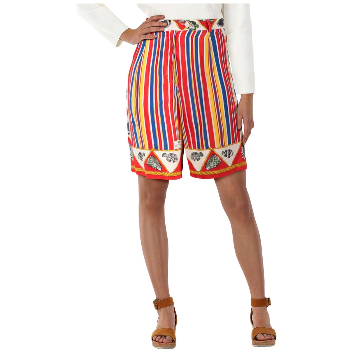 Etro Stripe 
Fish Print Silk Knee Length Shorts Size L For Sale