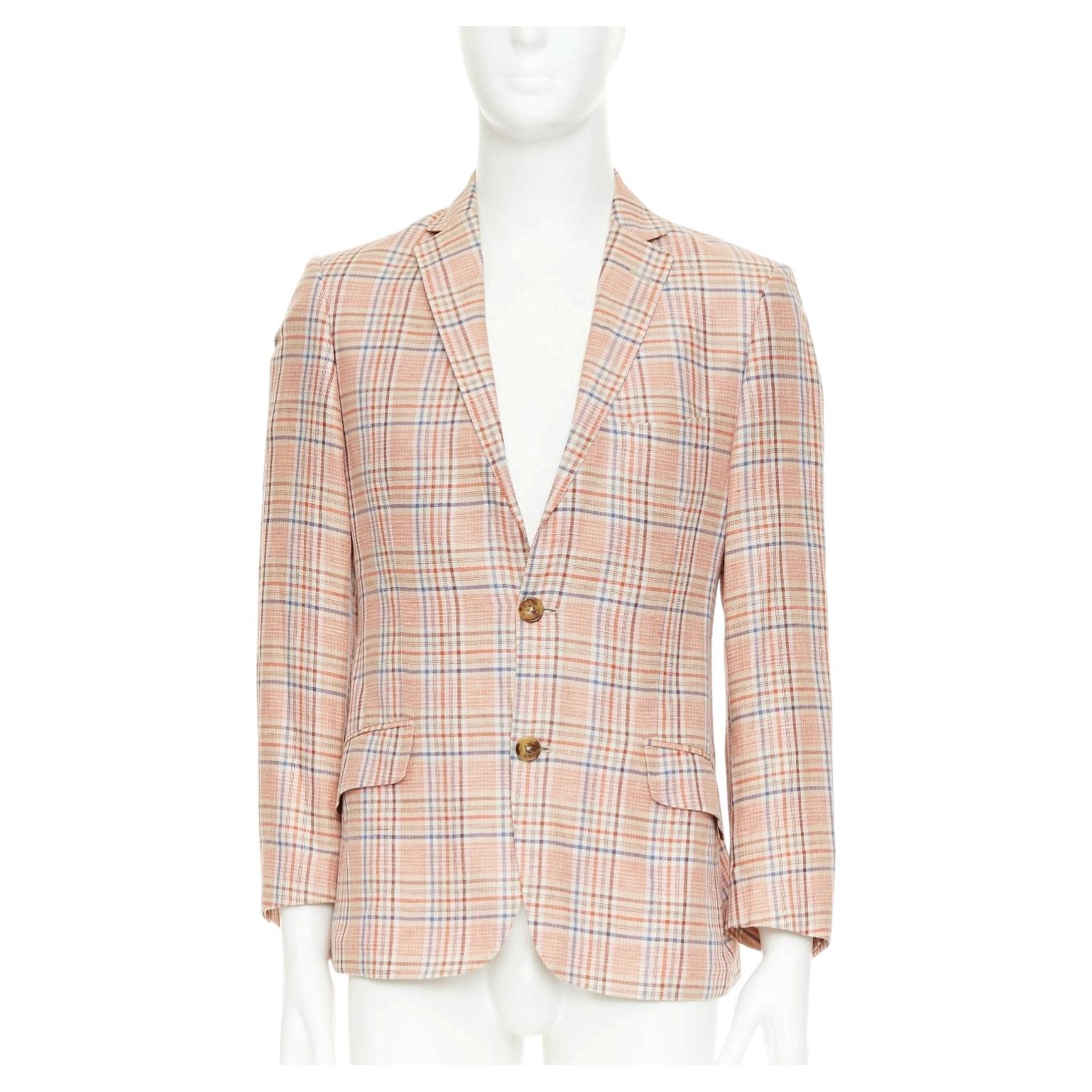 ETRO Superleggera checkered linen cotton half canvas handstitched summer blazer For Sale