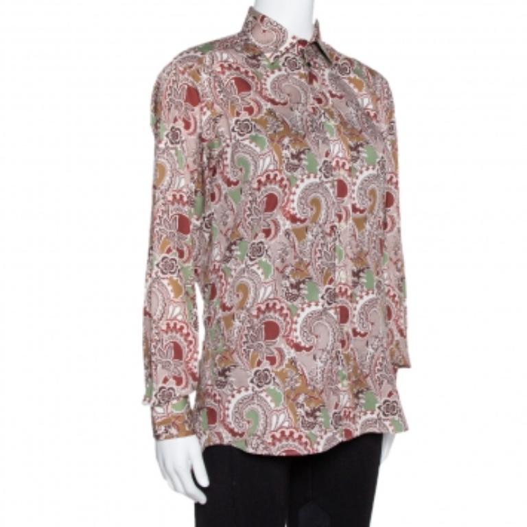Brown Etro Taupe Floral Paisley Print Cotton Long Sleeve Shirt S For Sale