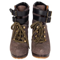 ETRO taupe grained leather LACE-UP PLATFORM Ankle Boots Shoes 37