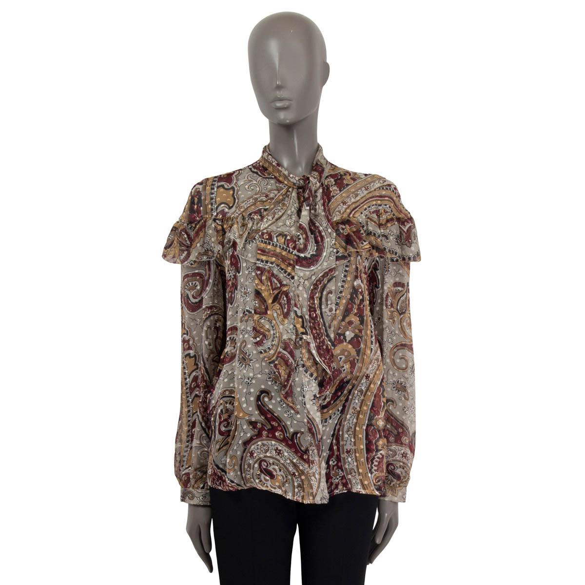 ETRO taupefarbene Seide PAISLEY RUFFLED PUSSY BOW Bluse Shirt M (Grau) im Angebot