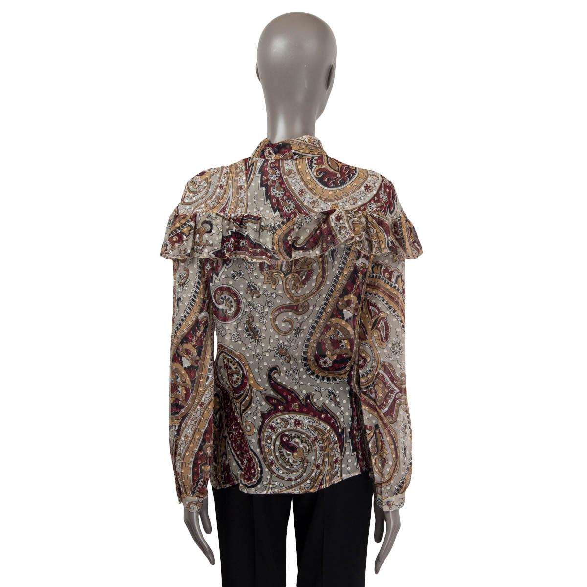 Gray ETRO taupe silk PAISLEY RUFFLED PUSSY BOW Blouse Shirt M For Sale
