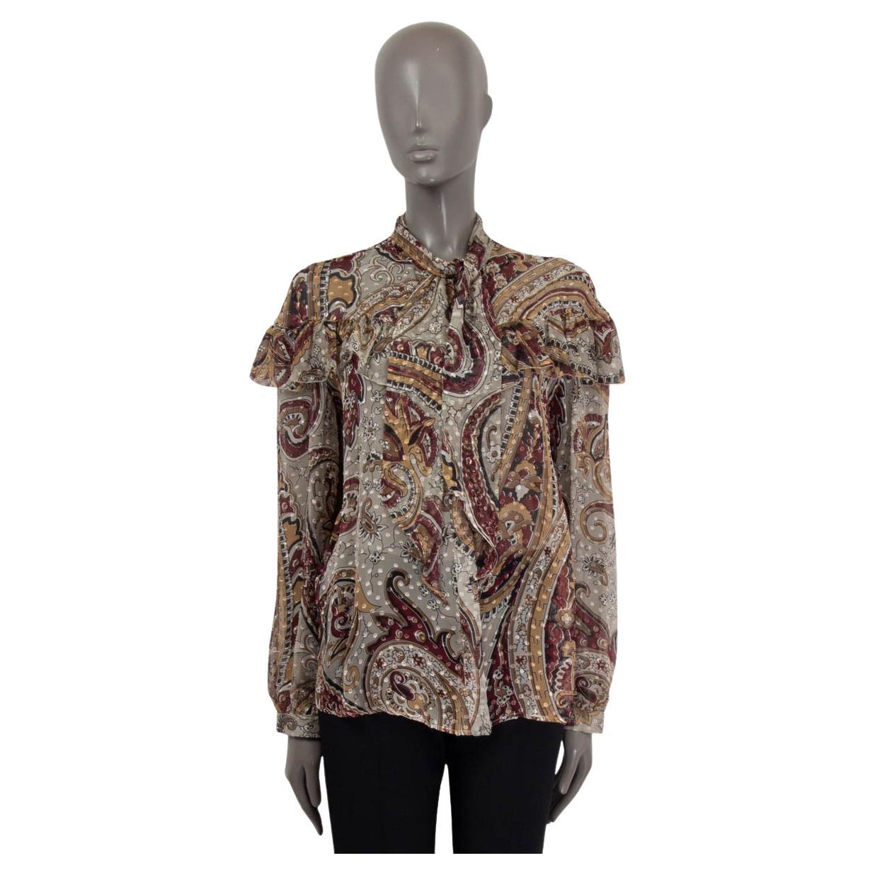 ETRO taupe silk PAISLEY RUFFLED PUSSY BOW Blouse Shirt M For Sale