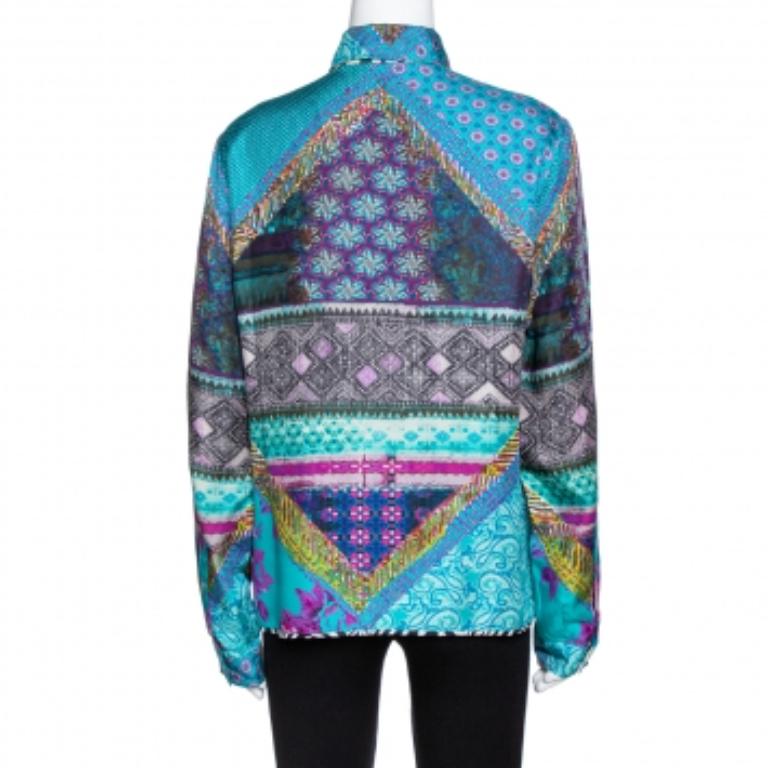 Etro Teal Blue Floral Print Silk Long Sleeve Shirt M In Good Condition For Sale In Dubai, Al Qouz 2