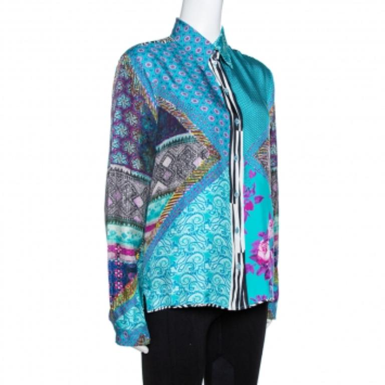 Women's Etro Teal Blue Floral Print Silk Long Sleeve Shirt M For Sale